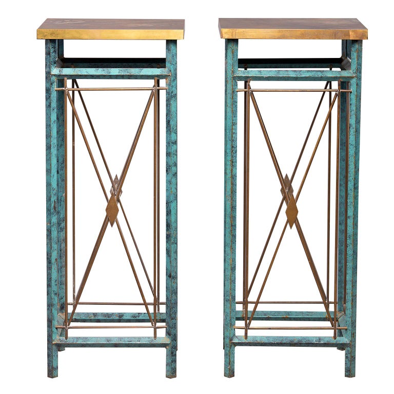 Pair of Neoclassical Style Verde Green Metal Statue Stands For Sale at
