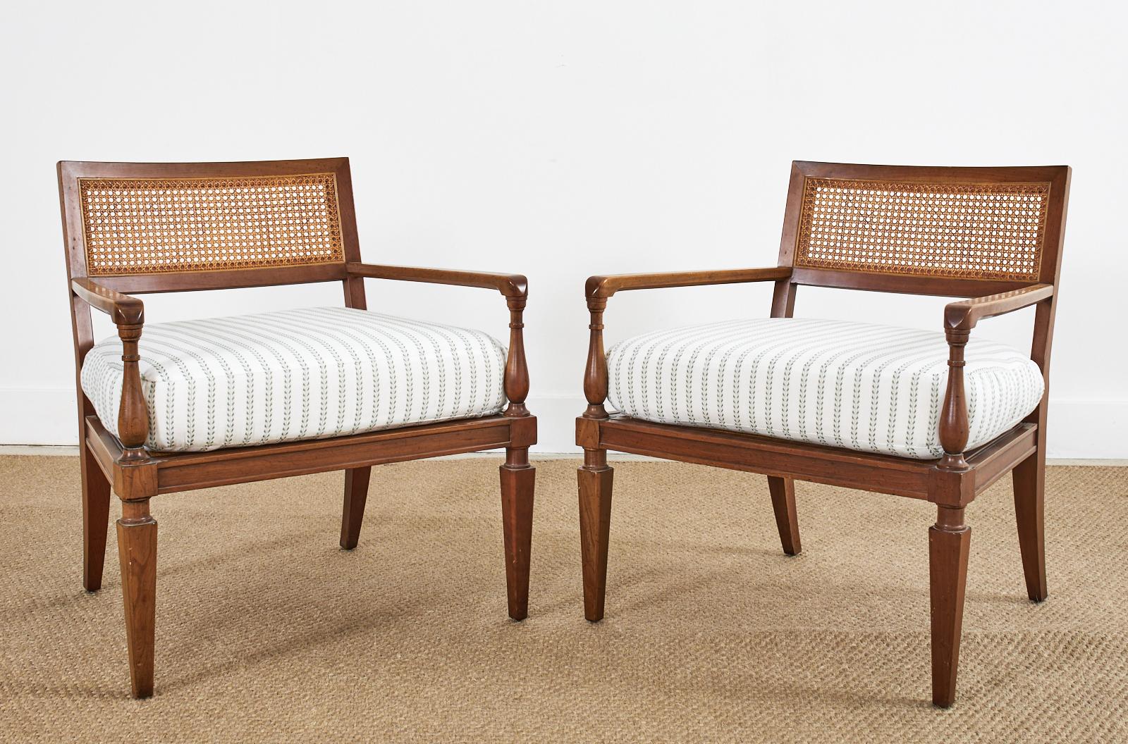 Mid-Century Modern Pair of Neoclassical Style Walnut Cane Lounge Chairs by Baker