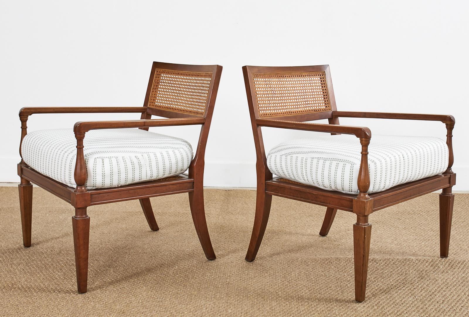Hand-Crafted Pair of Neoclassical Style Walnut Cane Lounge Chairs by Baker