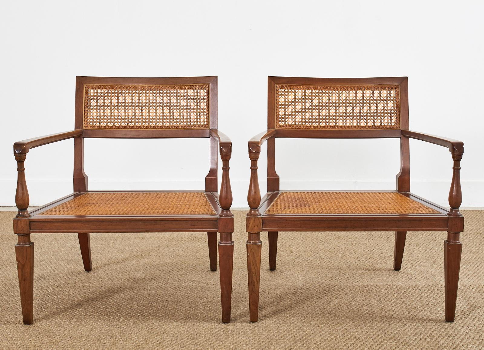 Pair of Neoclassical Style Walnut Cane Lounge Chairs by Baker In Good Condition In Rio Vista, CA