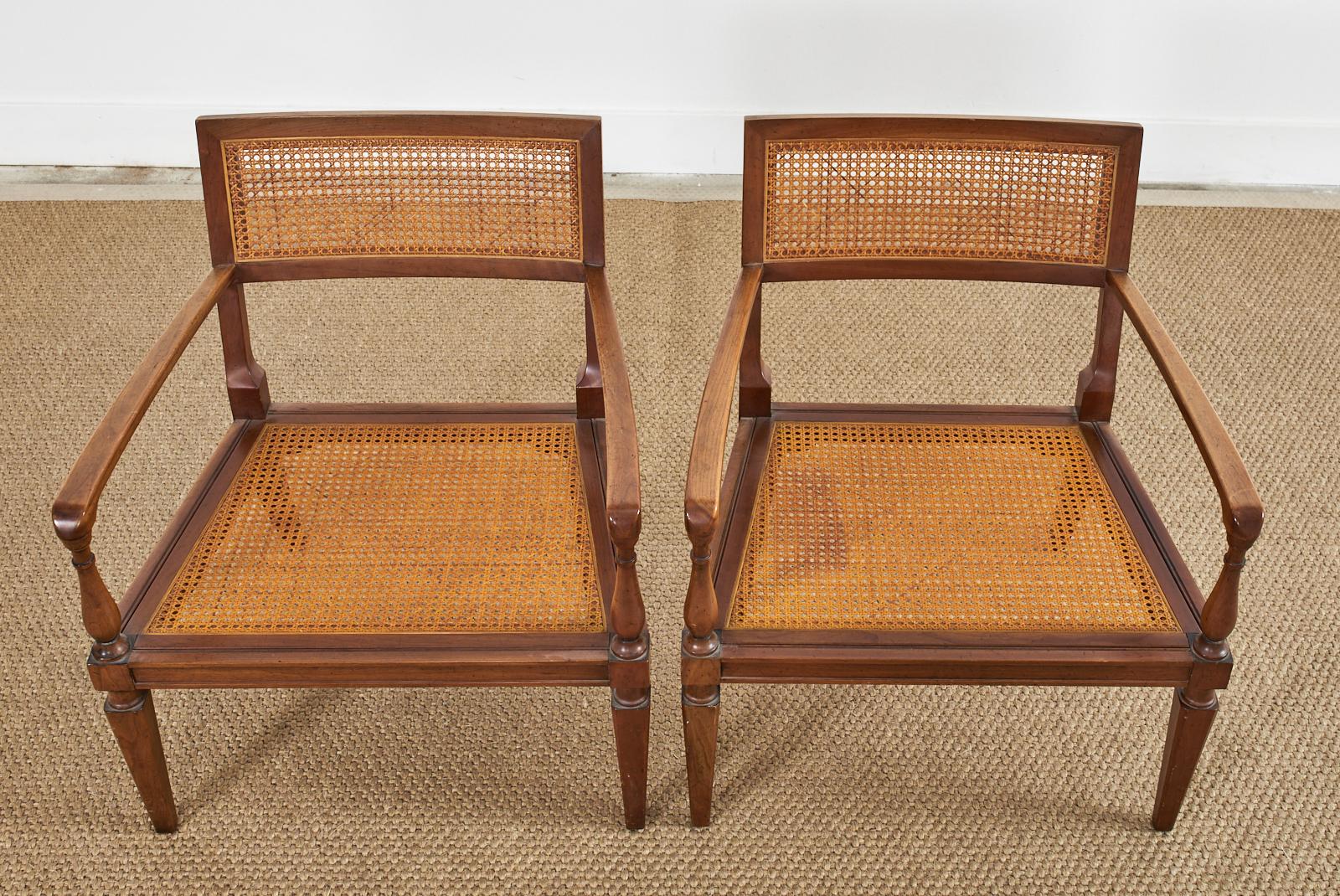 20th Century Pair of Neoclassical Style Walnut Cane Lounge Chairs by Baker