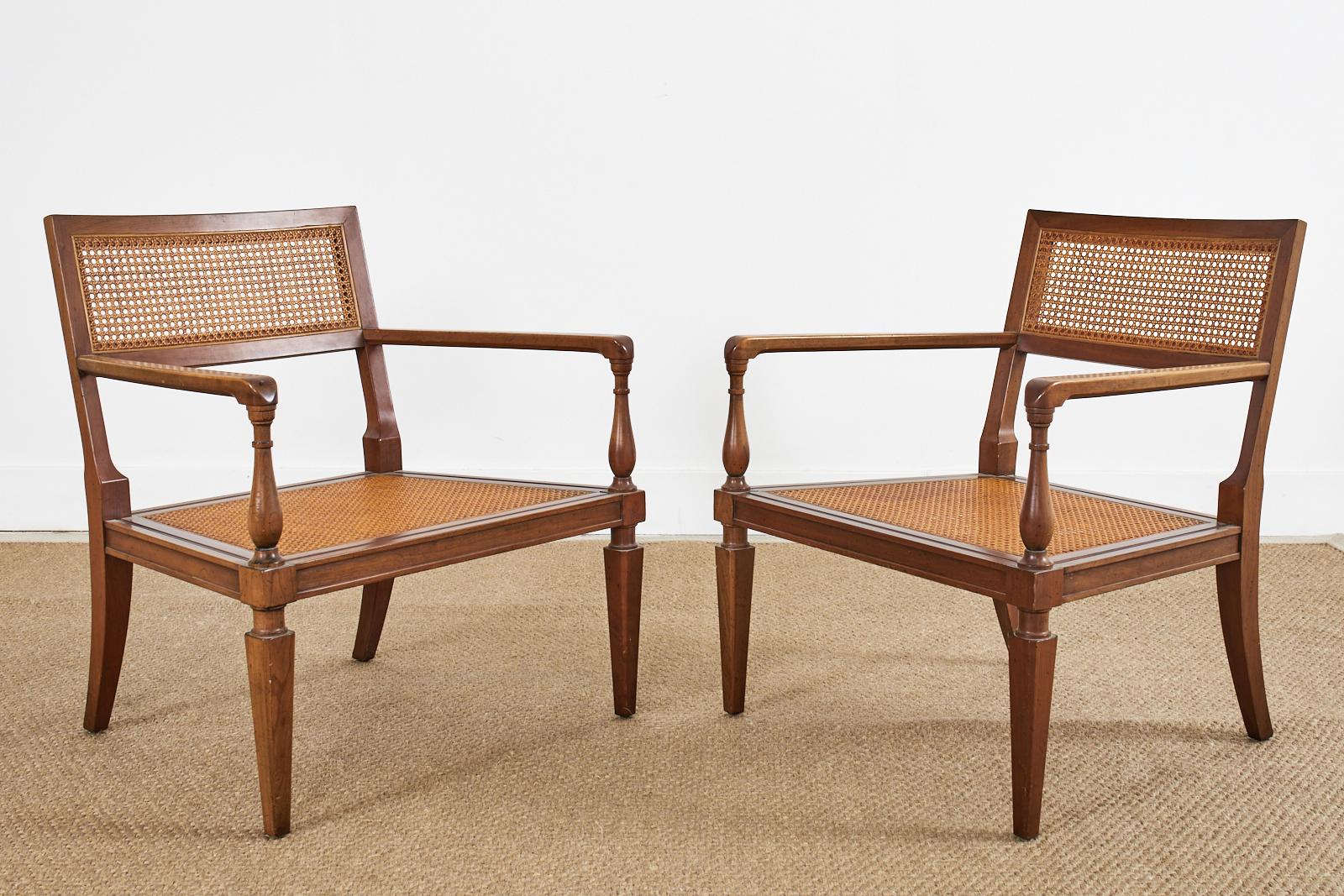 Pair of Neoclassical Style Walnut Cane Lounge Chairs by Baker 1