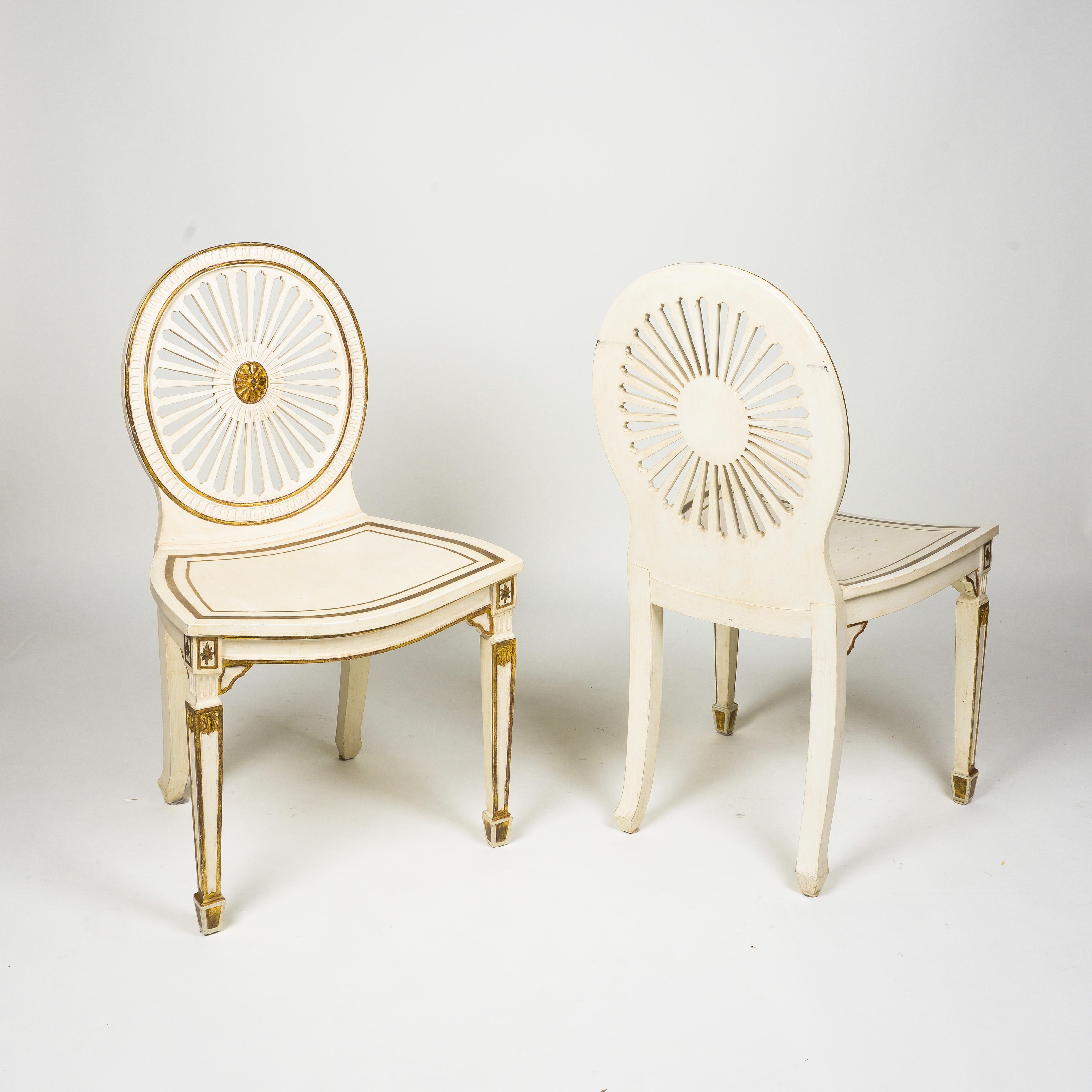 European Pair of Neoclassical Style White and Polychrome Hall Chairs For Sale