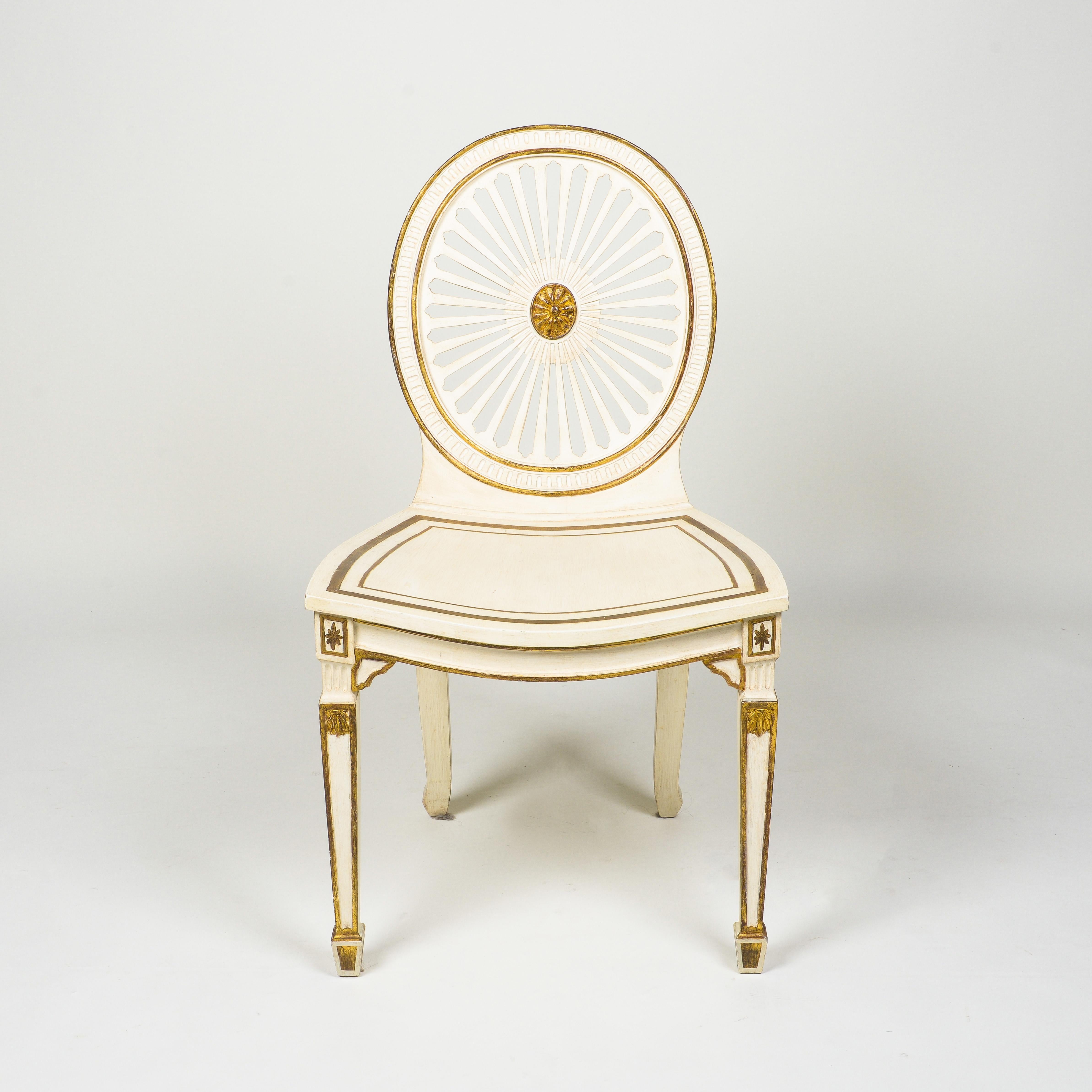 Painted Pair of Neoclassical Style White and Polychrome Hall Chairs For Sale
