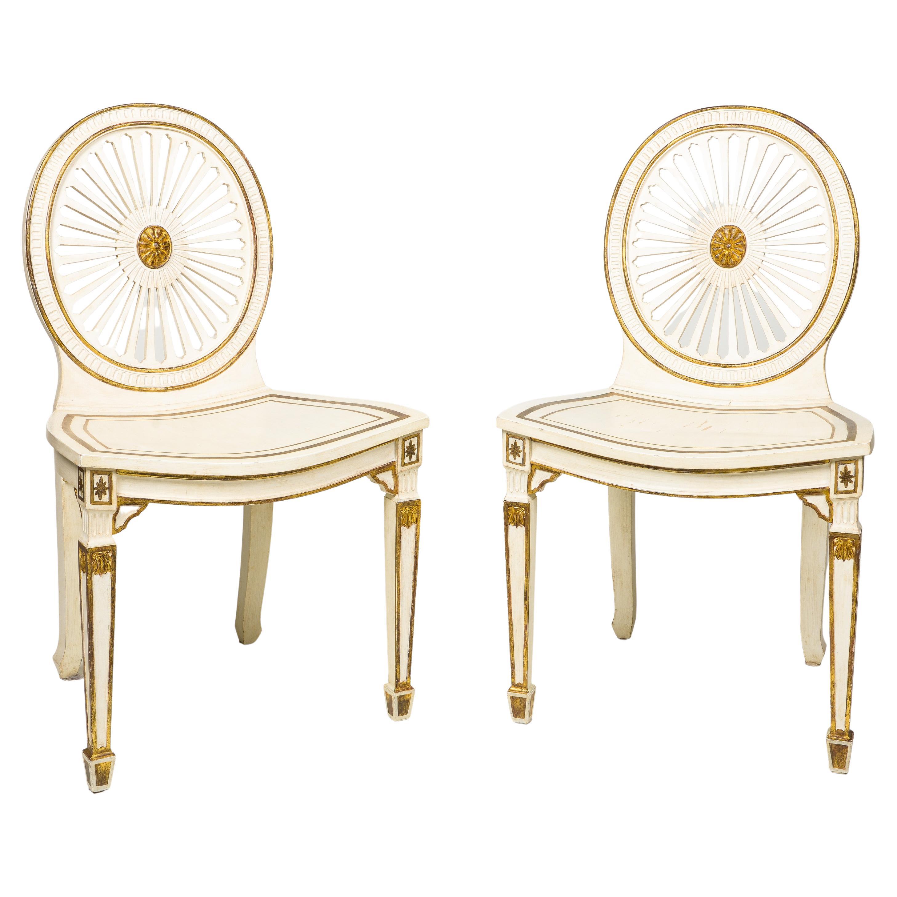 Pair of Neoclassical Style White and Polychrome Hall Chairs For Sale