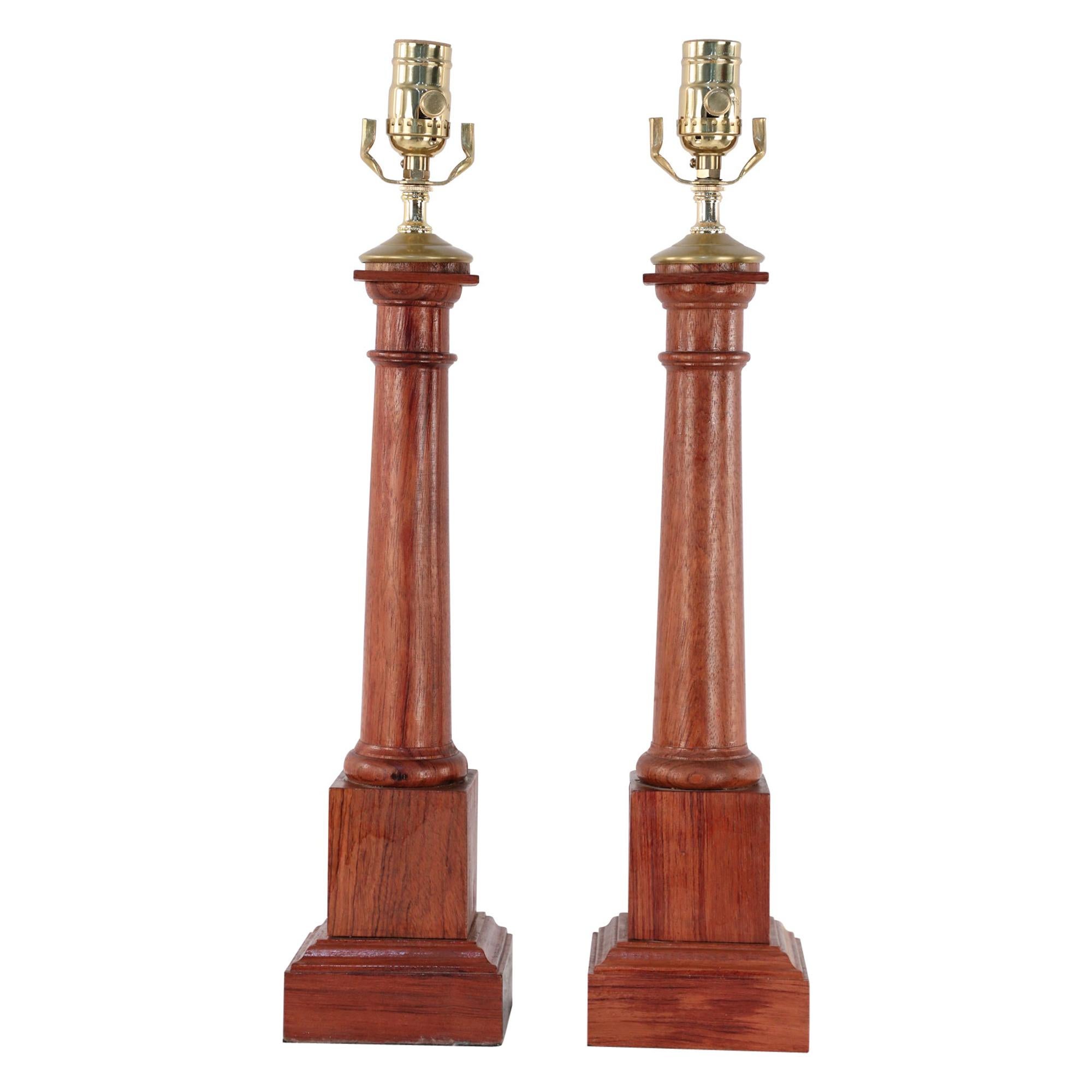 Pair of Neoclassical Style Wooden Column Table Lamps