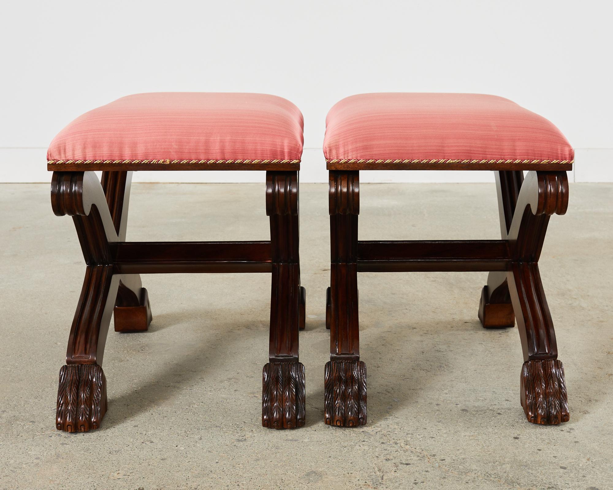 Pair of Neoclassical Style X-Form Walnut Benches Stools For Sale 6
