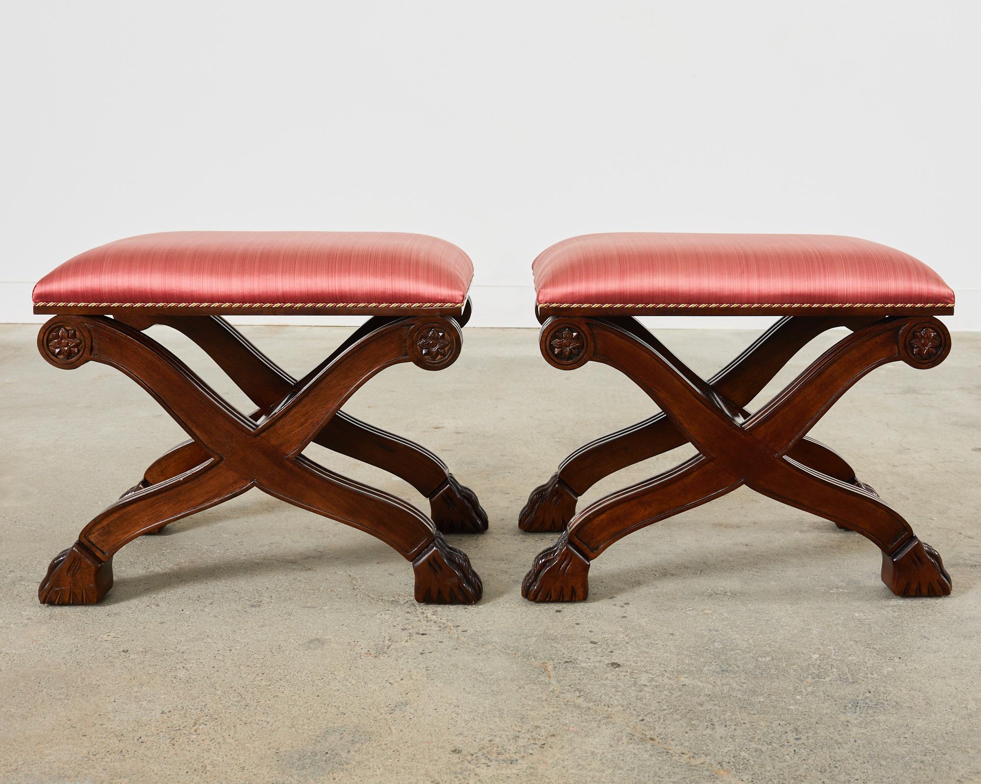 Pair of Neoclassical Style X-Form Walnut Benches Stools For Sale 7