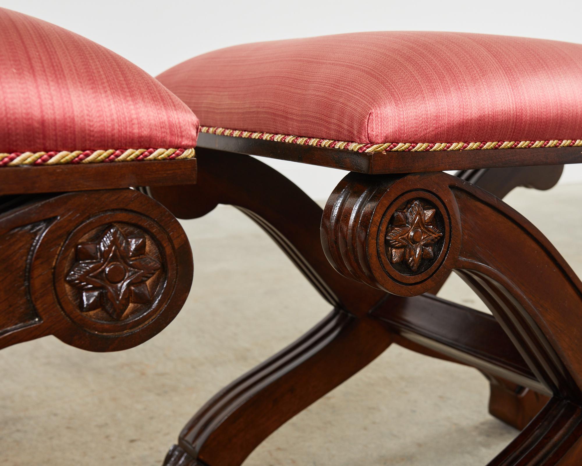 Pair of Neoclassical Style X-Form Walnut Benches Stools For Sale 11