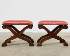 Pair of Neoclassical Style X-Form Walnut Benches Stools