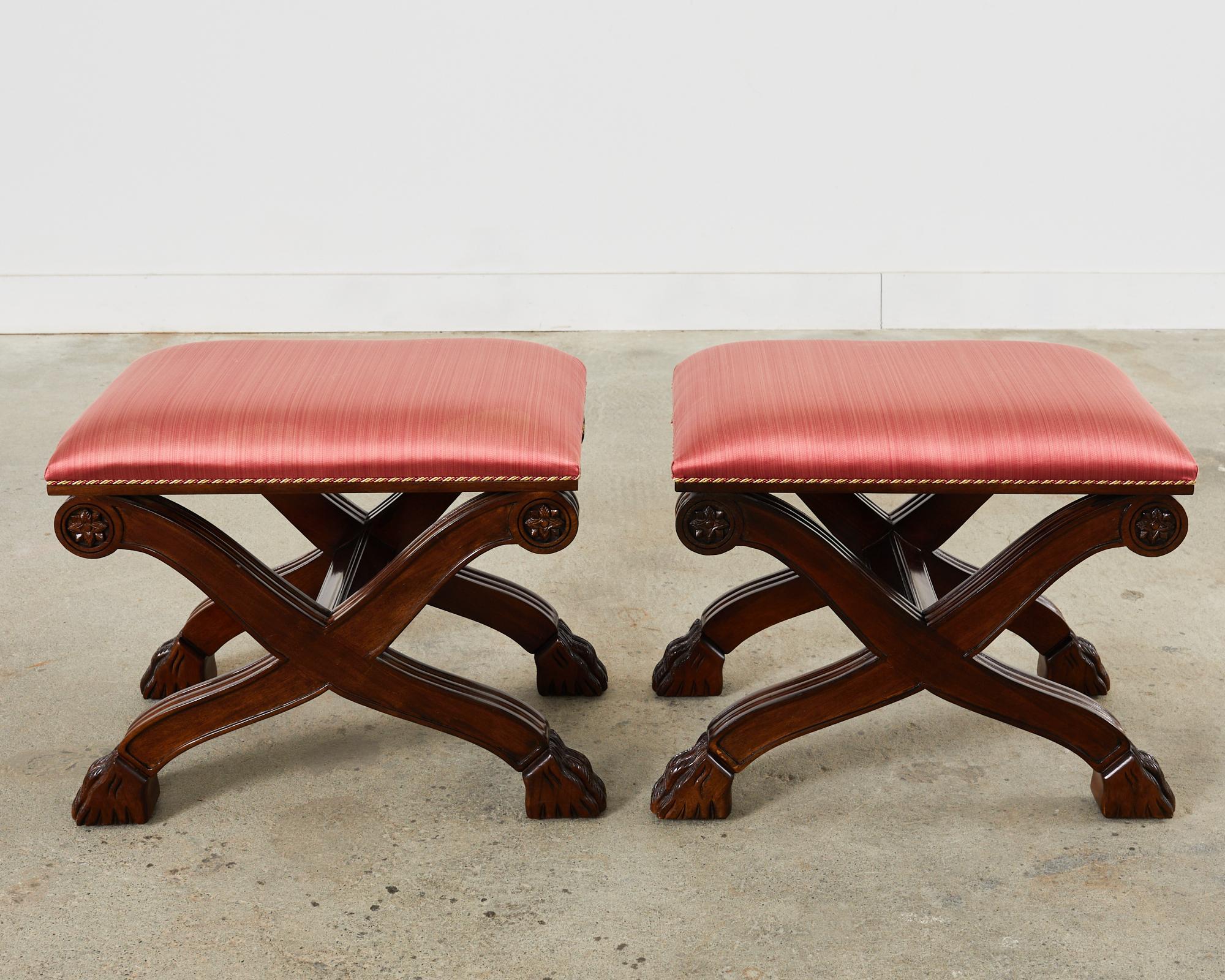 American Pair of Neoclassical Style X-Form Walnut Benches Stools For Sale