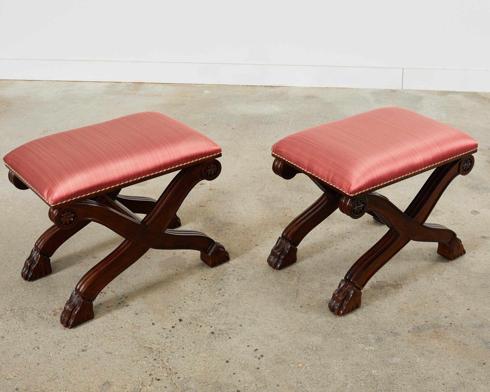 Pair of Neoclassical Style X-Form Walnut Benches Stools In Good Condition For Sale In Rio Vista, CA