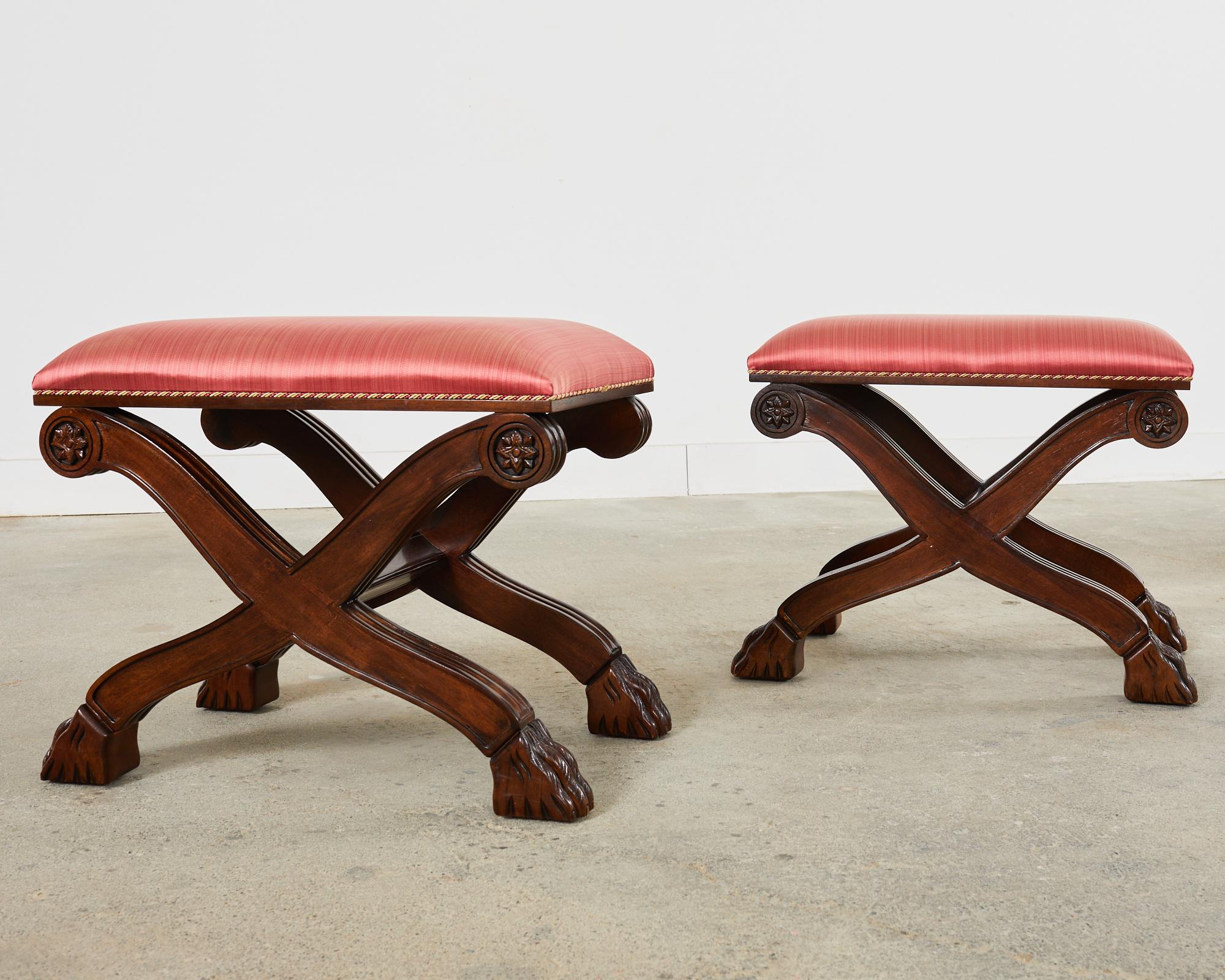 Contemporary Pair of Neoclassical Style X-Form Walnut Benches Stools For Sale