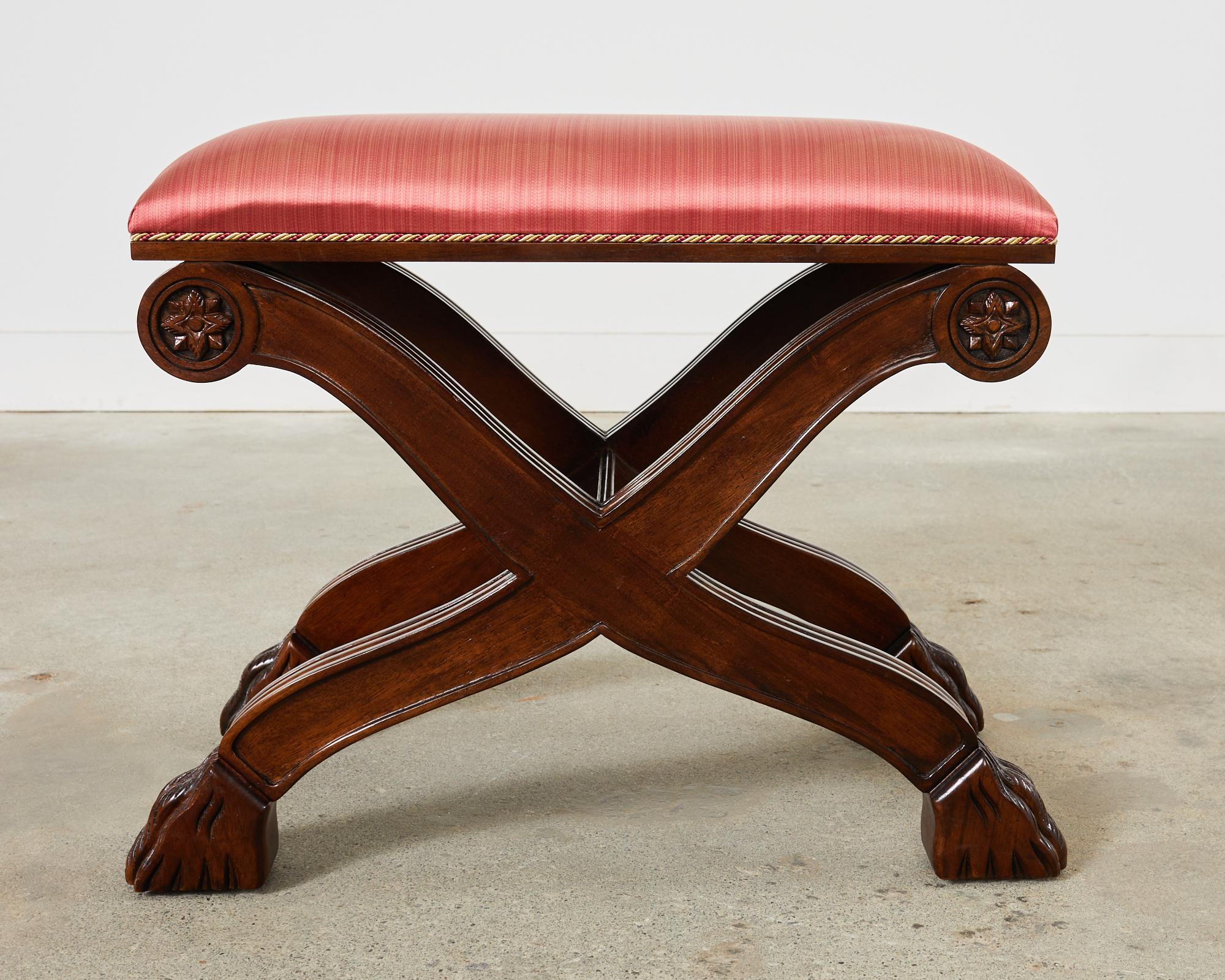 Fabric Pair of Neoclassical Style X-Form Walnut Benches Stools For Sale