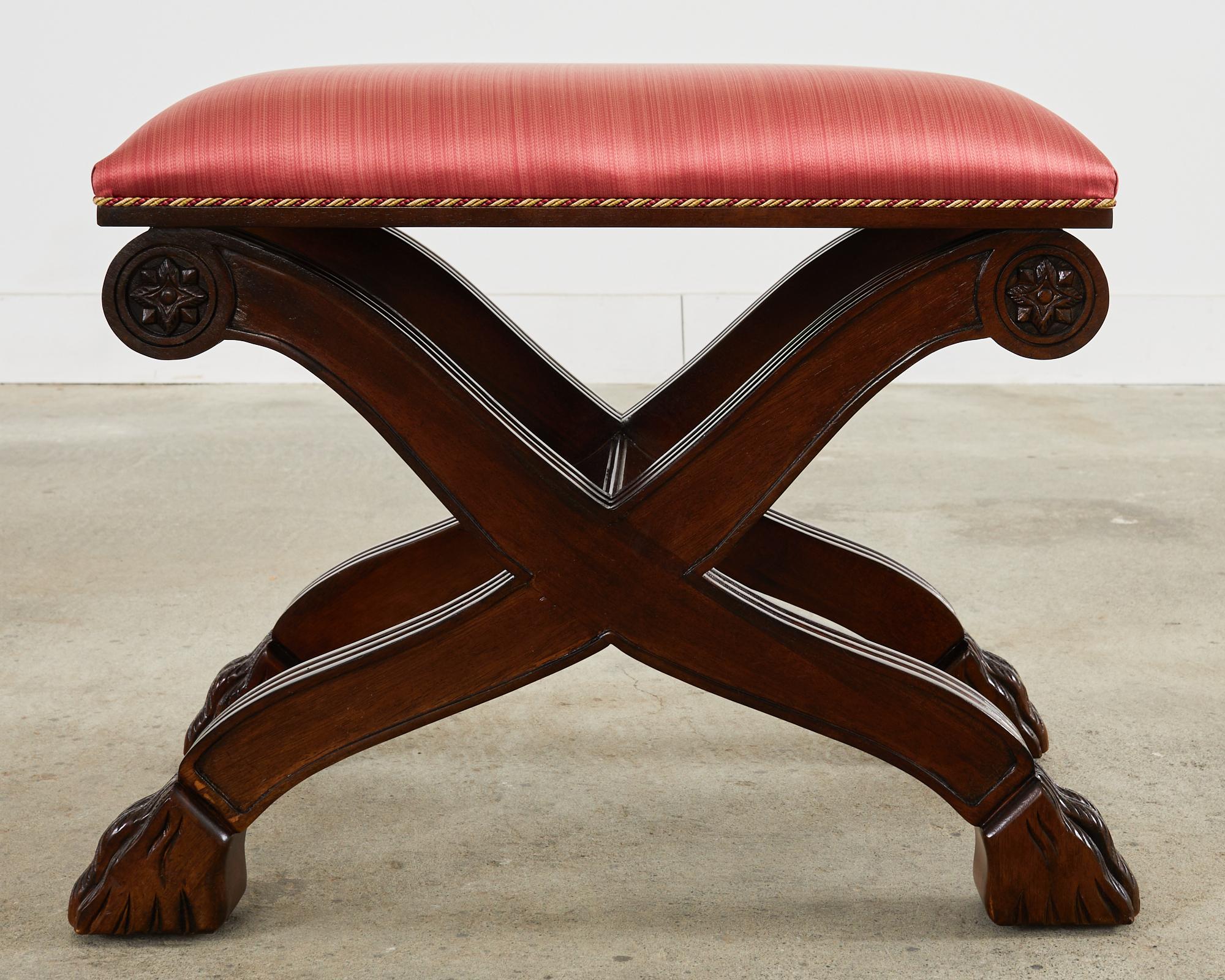 Pair of Neoclassical Style X-Form Walnut Benches Stools For Sale 2