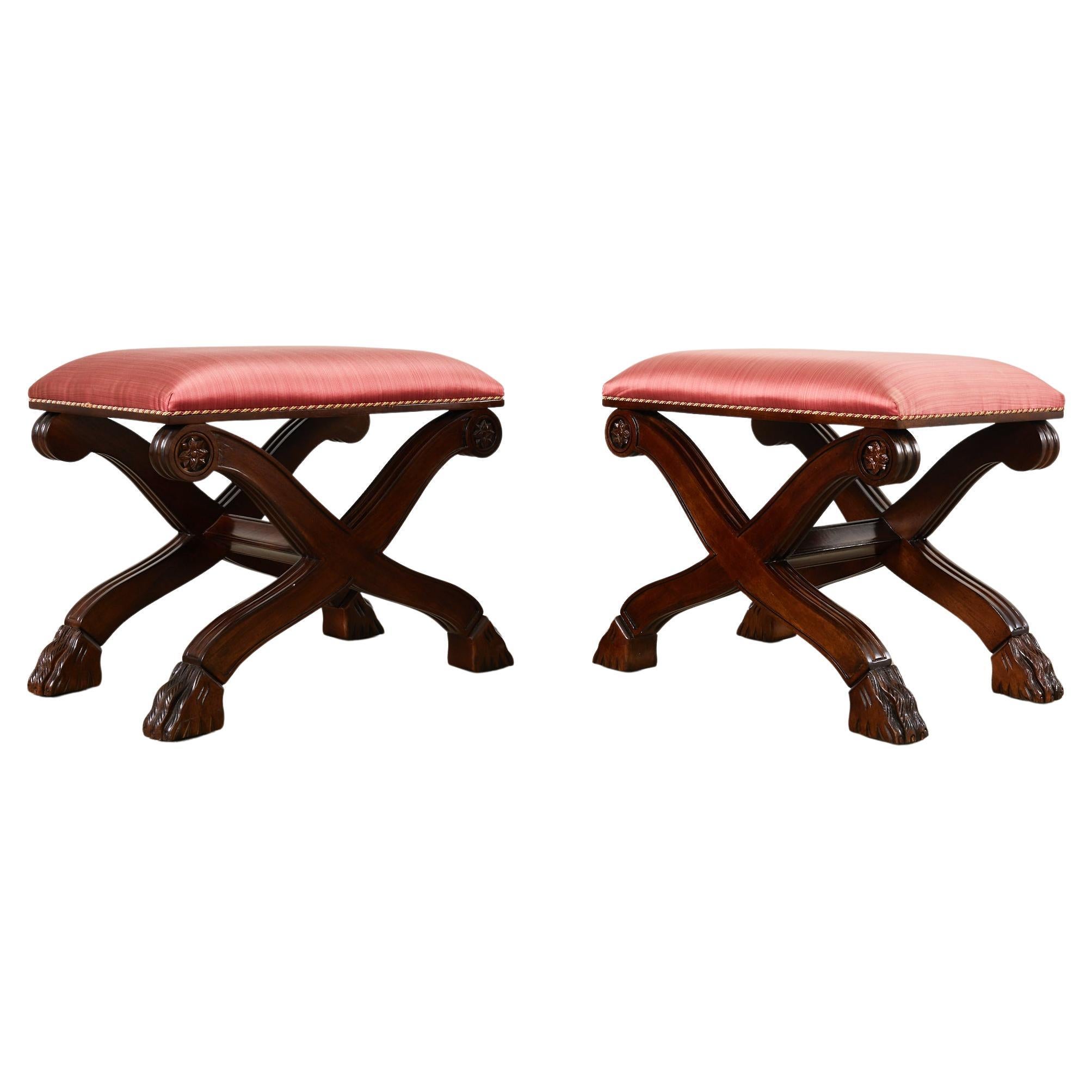 Pair of Neoclassical Style X-Form Walnut Benches Stools For Sale