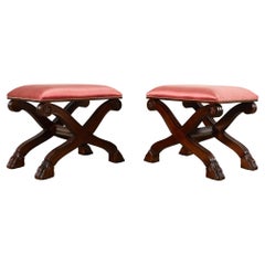 Used Pair of Neoclassical Style X-Form Walnut Benches Stools
