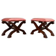 Pair of Neoclassical Style X-Form Walnut Benches Stools