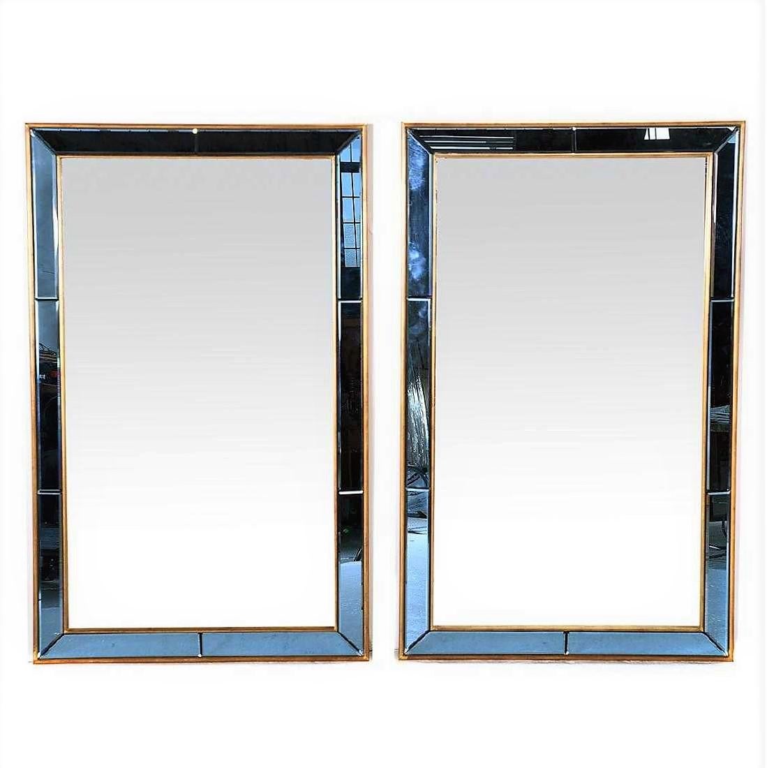 French Pair of Neoclassical Styled Mirrors with Beveled Blue Mirror Surround Panes