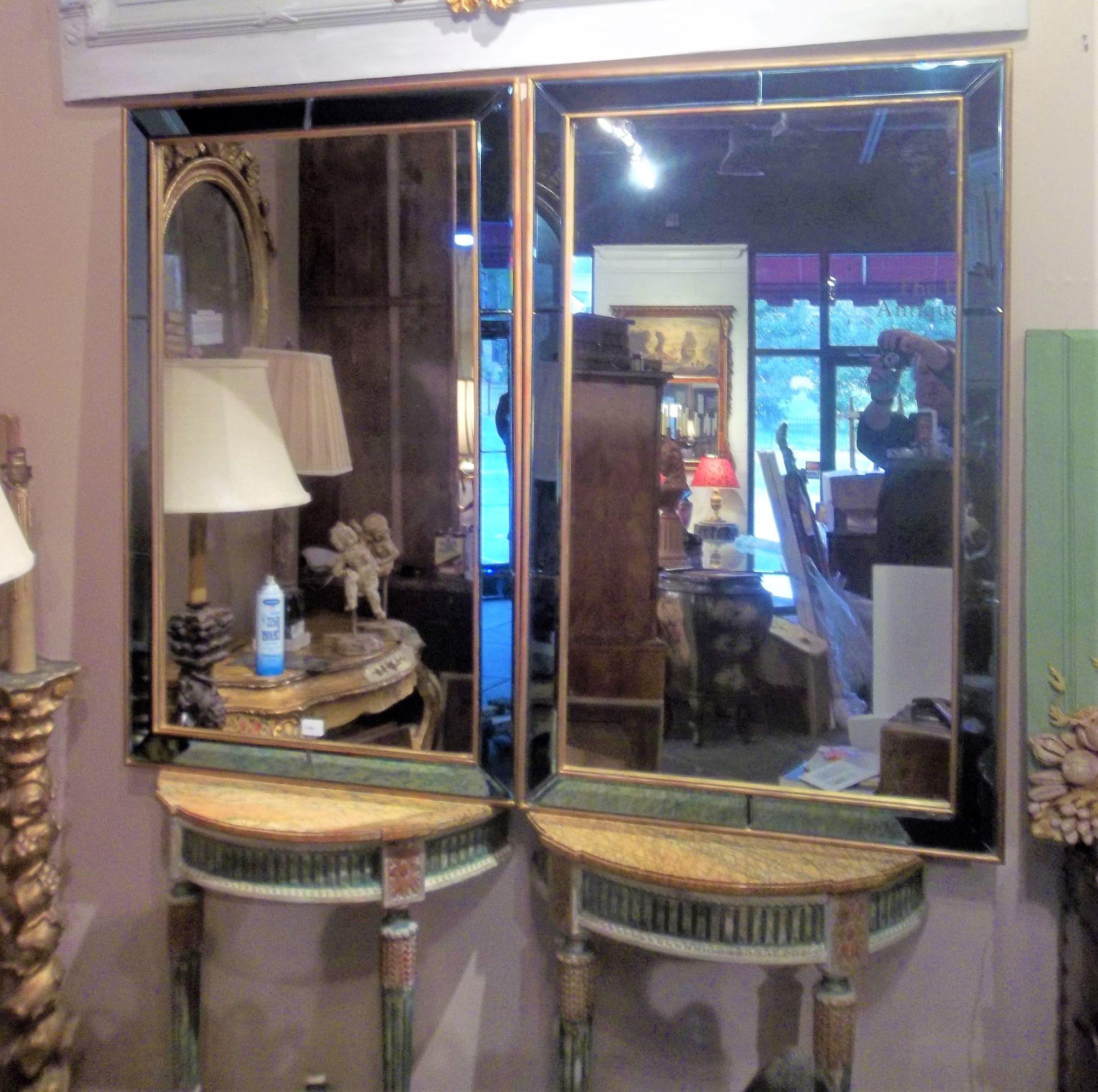 Pair of Neoclassical Styled Mirrors with Beveled Blue Mirror Surround Panes In Good Condition In Nashville, TN