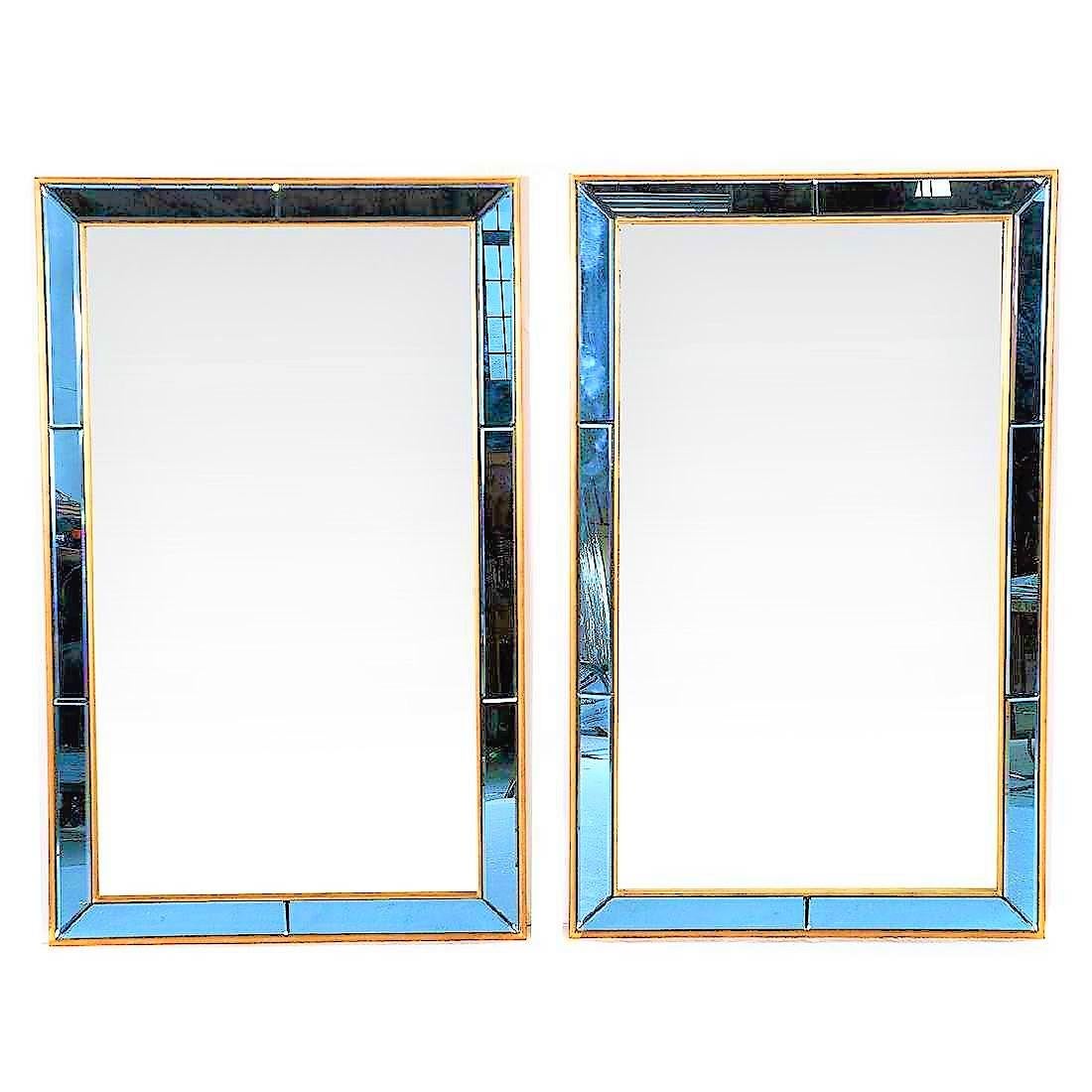 Pair of Neoclassical Styled Mirrors with Beveled Blue Mirror Surround Panes
