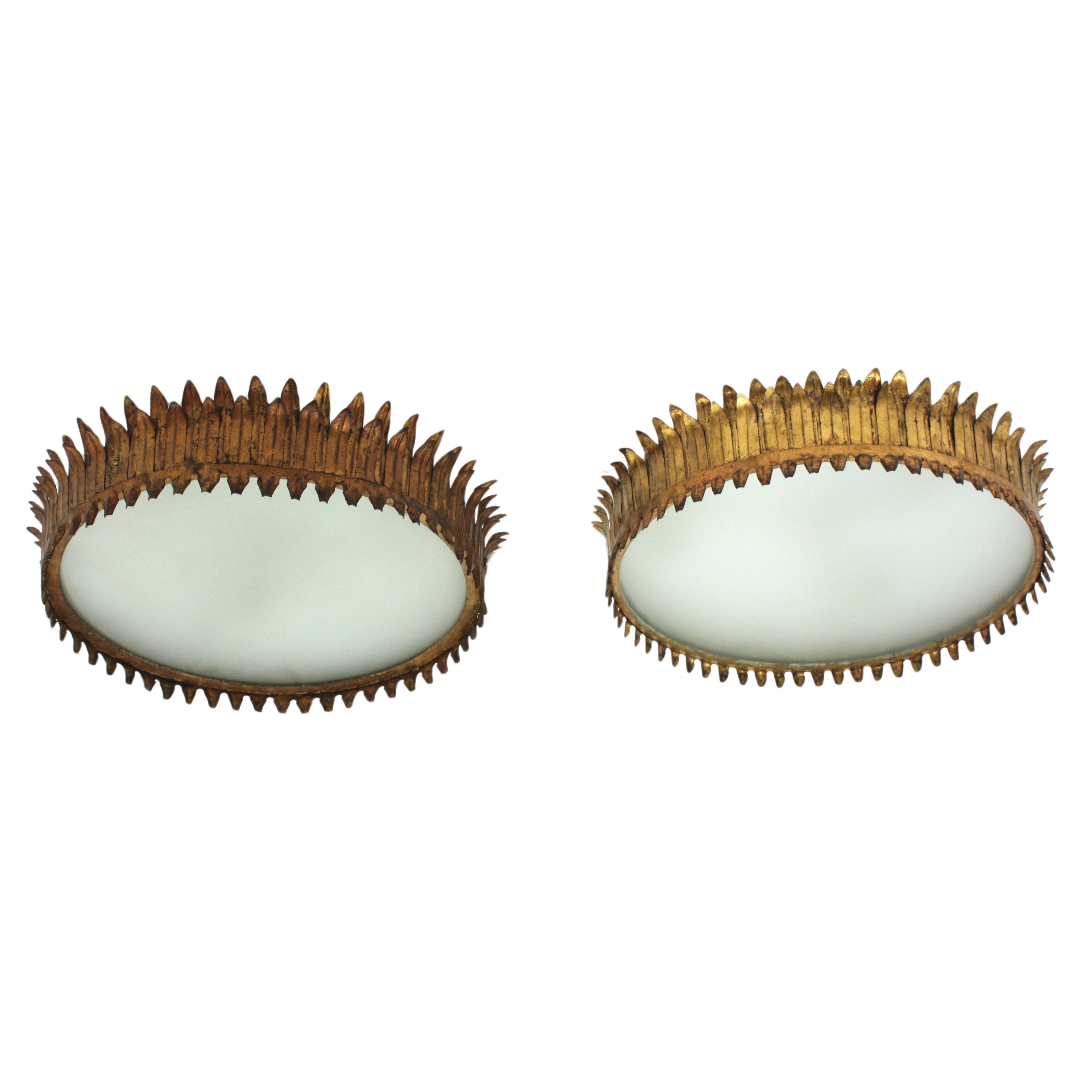 Pair of Neoclassical Sunburst Crown Ceiling Light Fixtures in Gilt Iron, 1940s For Sale