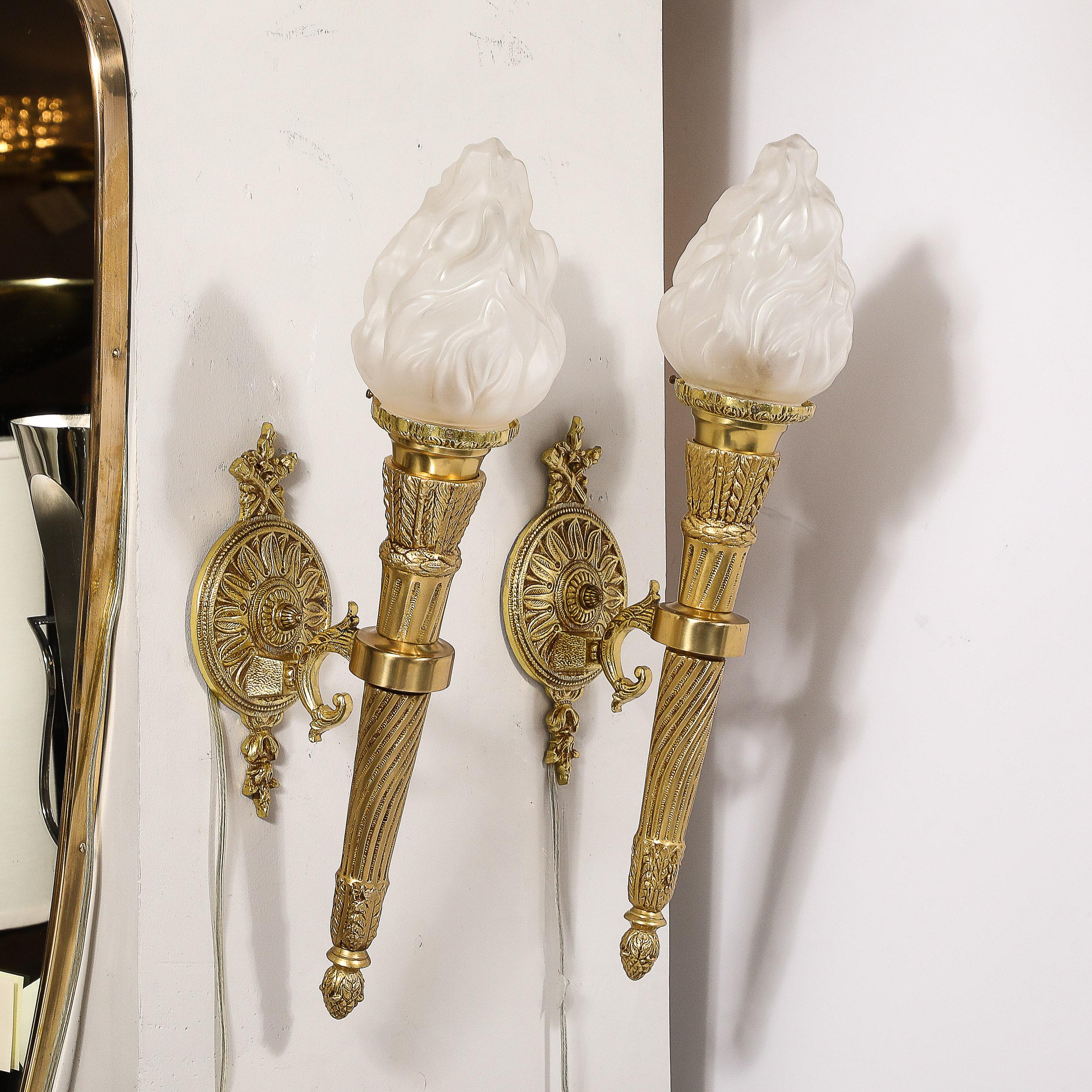 Pair of Neoclassical Torch Sconces in Frosted Glass and Antique  Brass For Sale 5