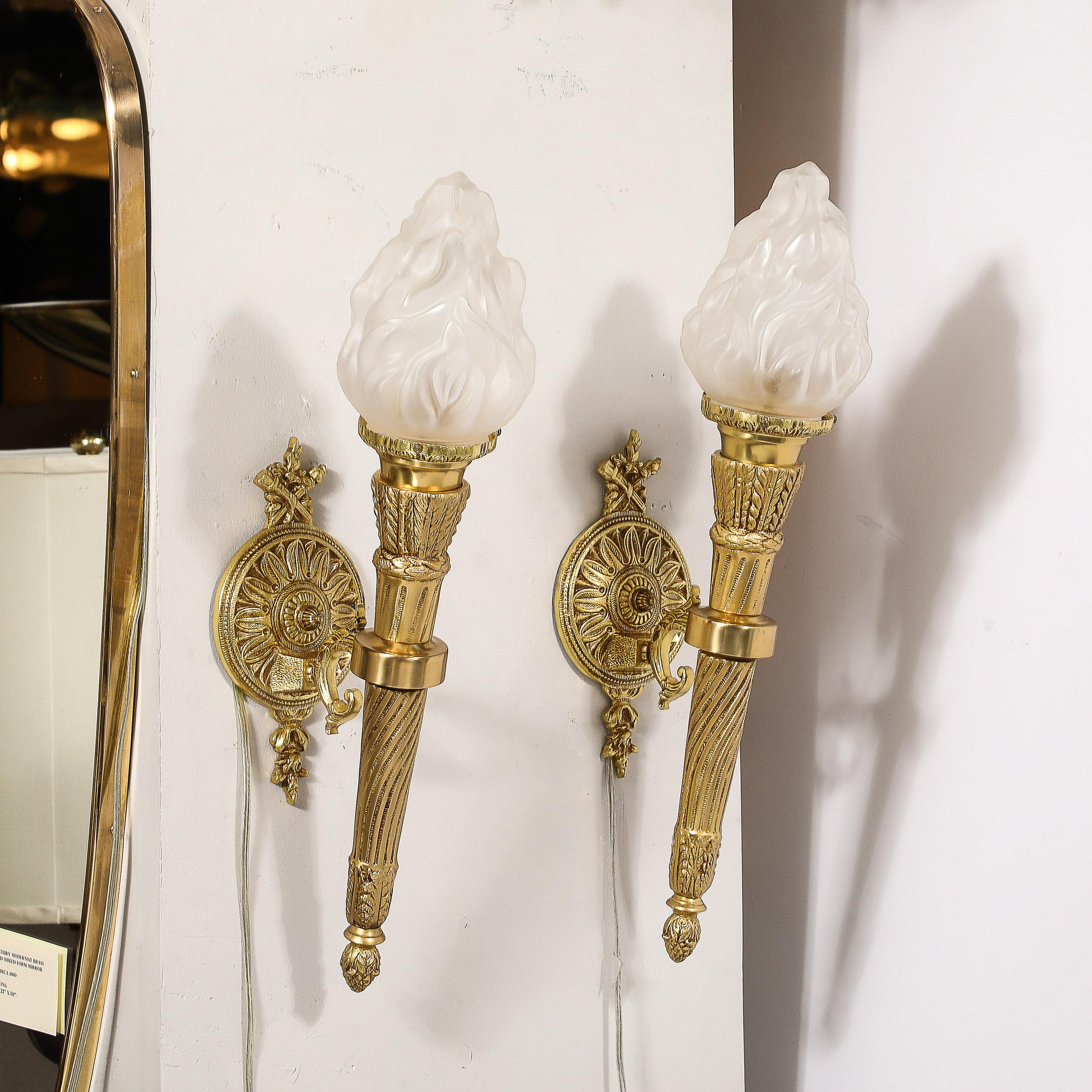 Pair of Neoclassical Torch Sconces in Frosted Glass and Antique  Brass For Sale 6