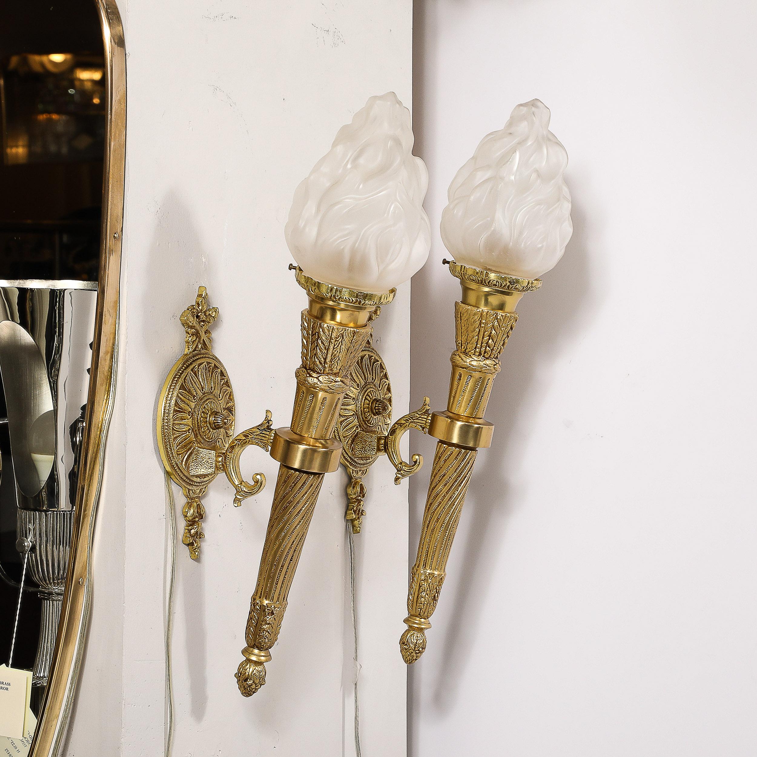 Pair of Neoclassical Torch Sconces in Frosted Glass and Antique  Brass For Sale 7