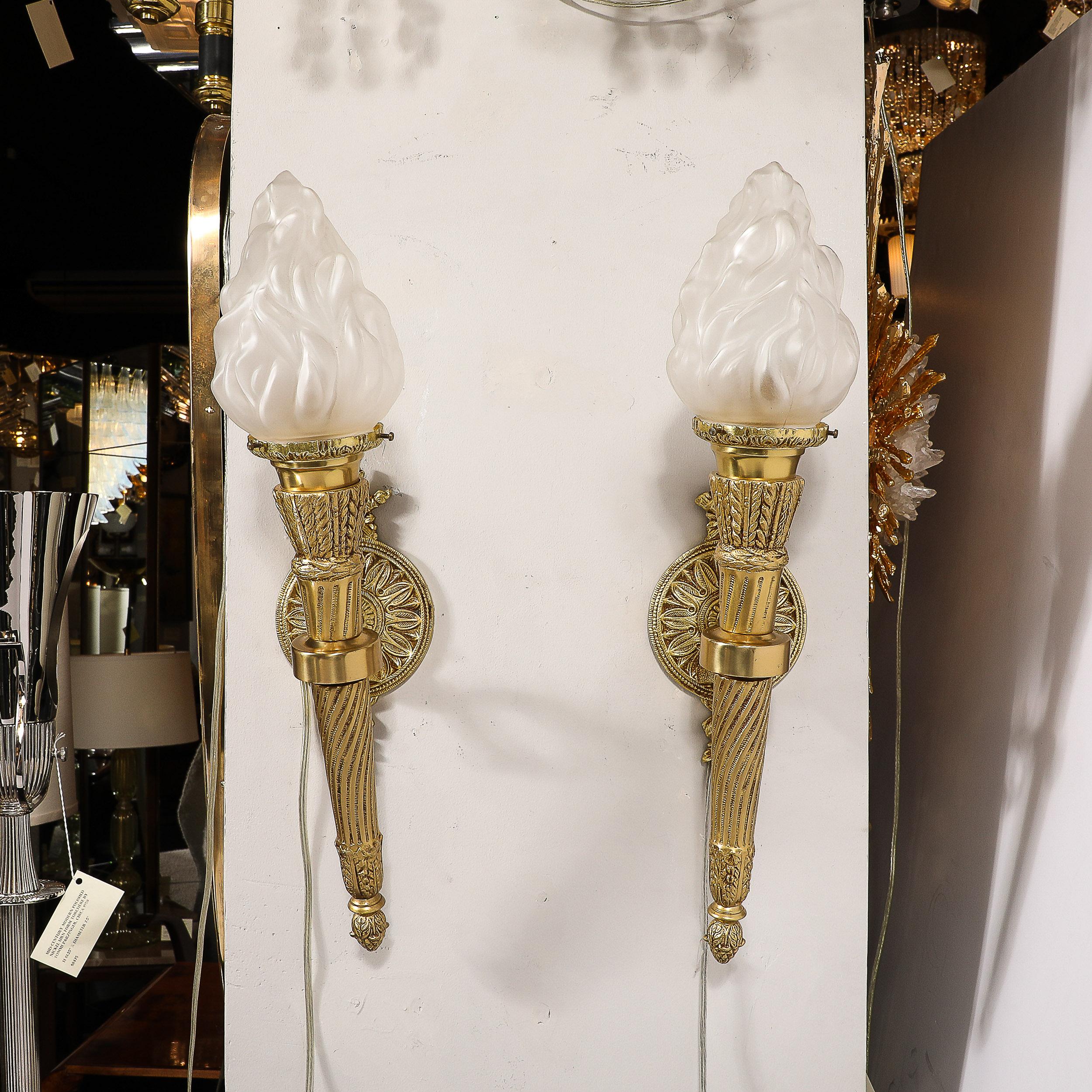 Pair of Neoclassical Torch Sconces in Frosted Glass and Antique  Brass For Sale 8