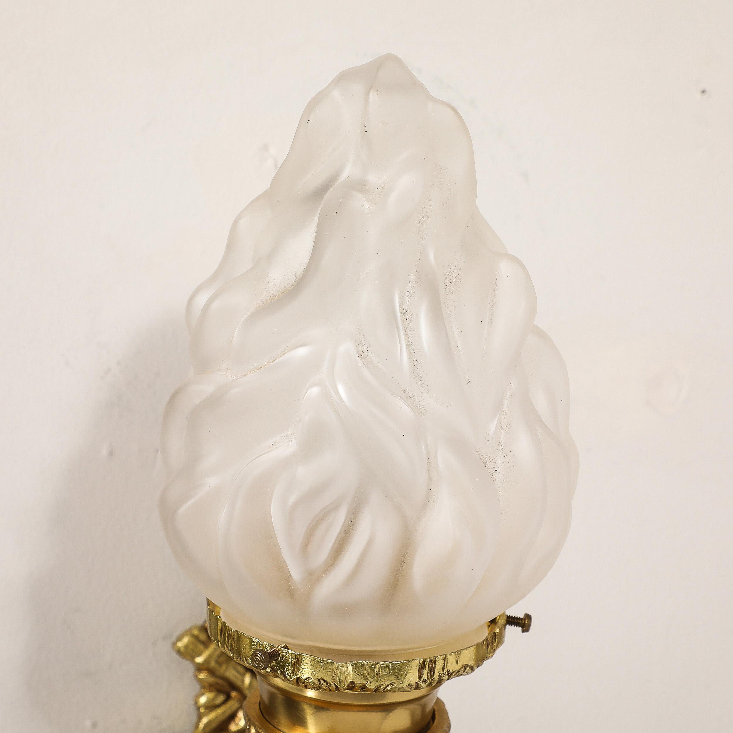 Pair of Neoclassical Torch Sconces in Frosted Glass and Antique  Brass For Sale 9