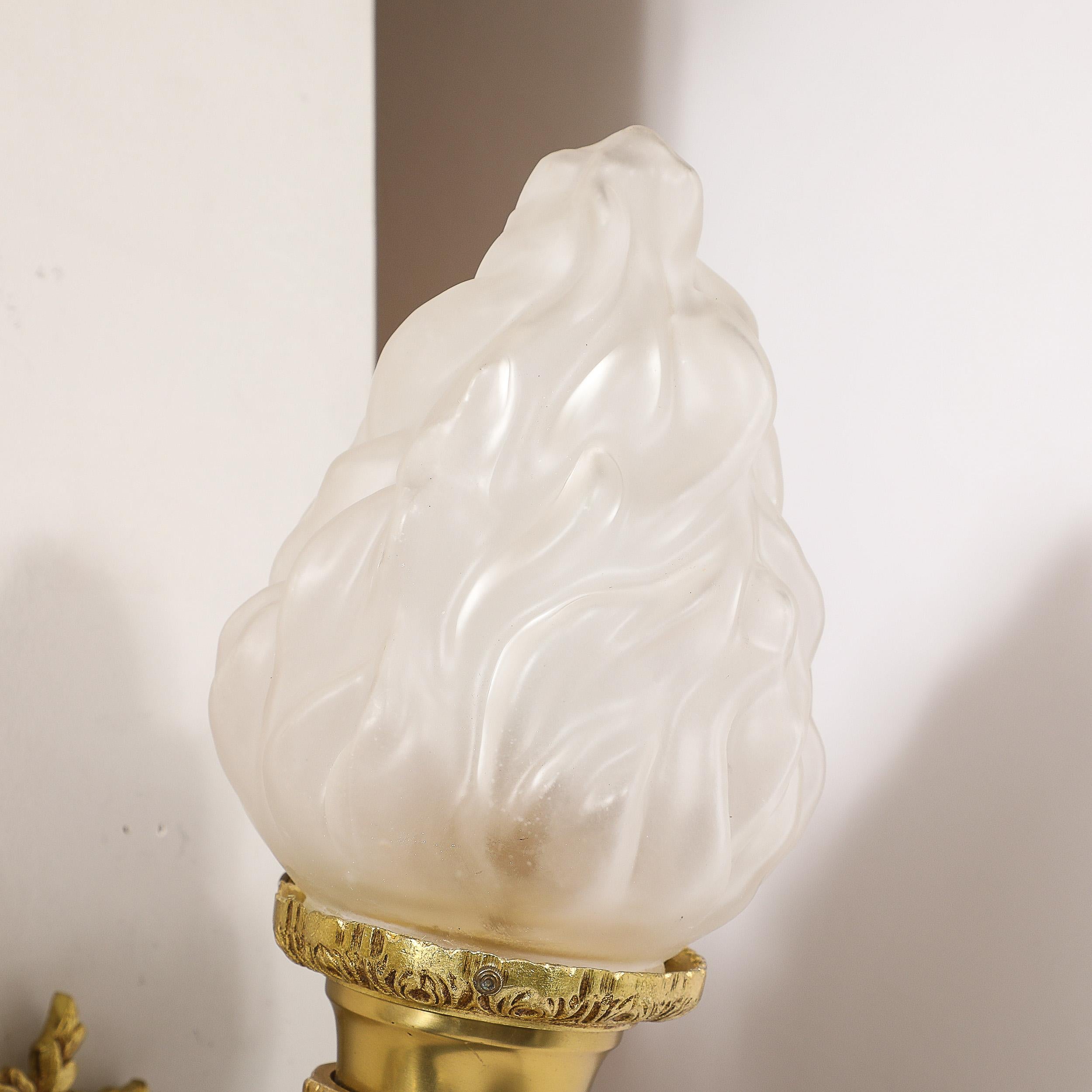 Pair of Neoclassical Torch Sconces in Frosted Glass and Antique  Brass For Sale 10