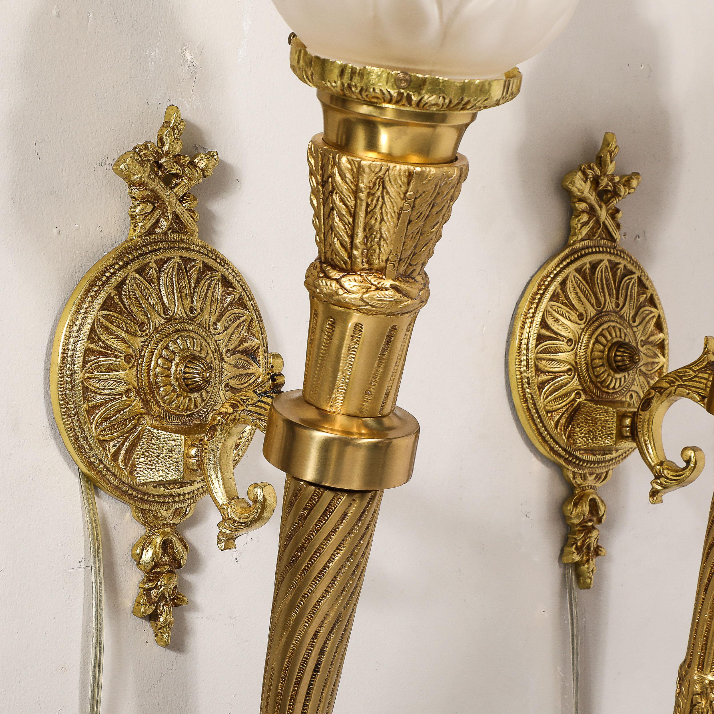 Pair of Neoclassical Torch Sconces in Frosted Glass and Antique  Brass For Sale 11