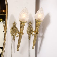 Pair of Neoclassical Torch Sconces in Frosted Glass and Antique  Brass