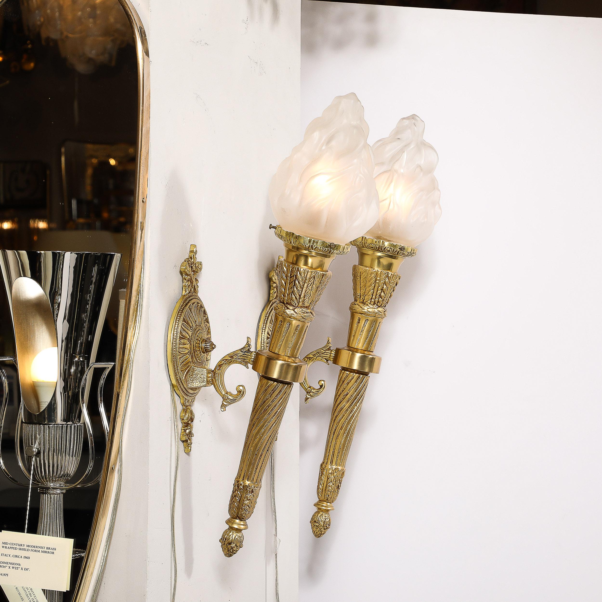 French Pair of Neoclassical Torch Sconces in Frosted Glass and Antique  Brass For Sale
