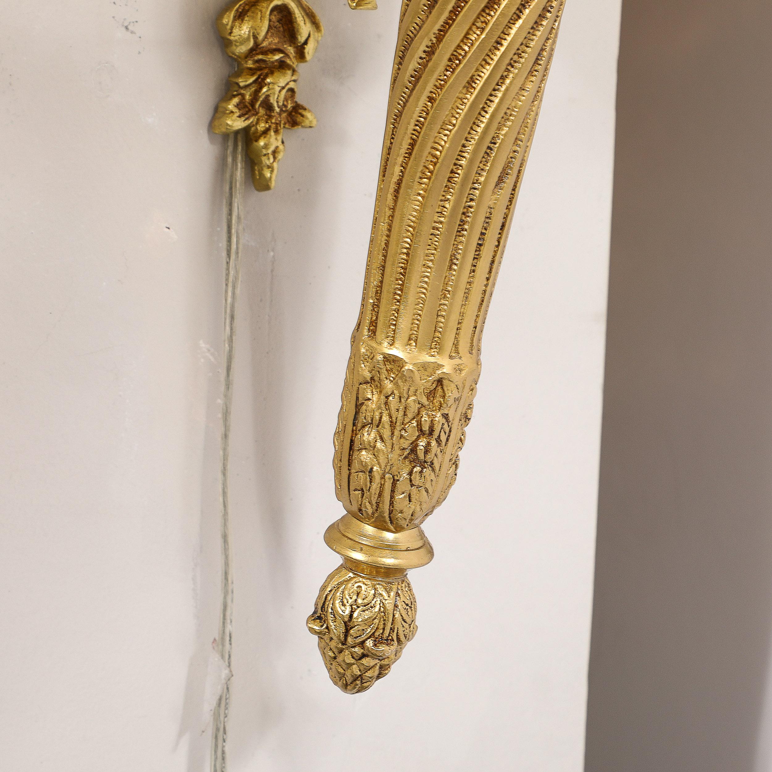 20th Century Pair of Neoclassical Torch Sconces in Frosted Glass and Antique  Brass For Sale