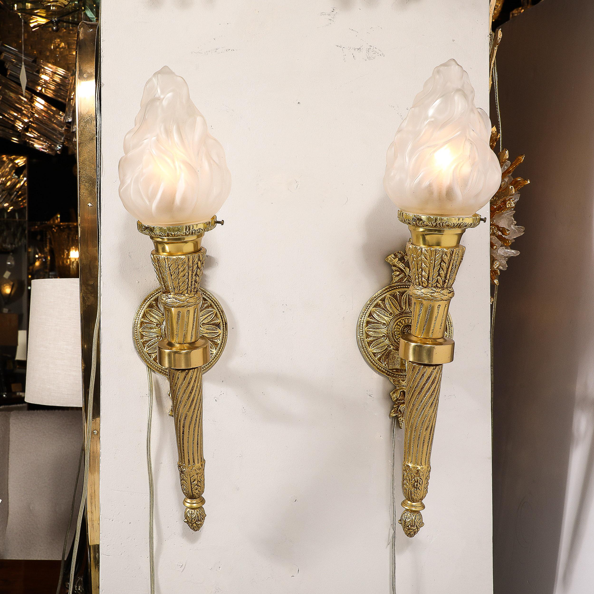 Pair of Neoclassical Torch Sconces in Frosted Glass and Antique  Brass For Sale 1