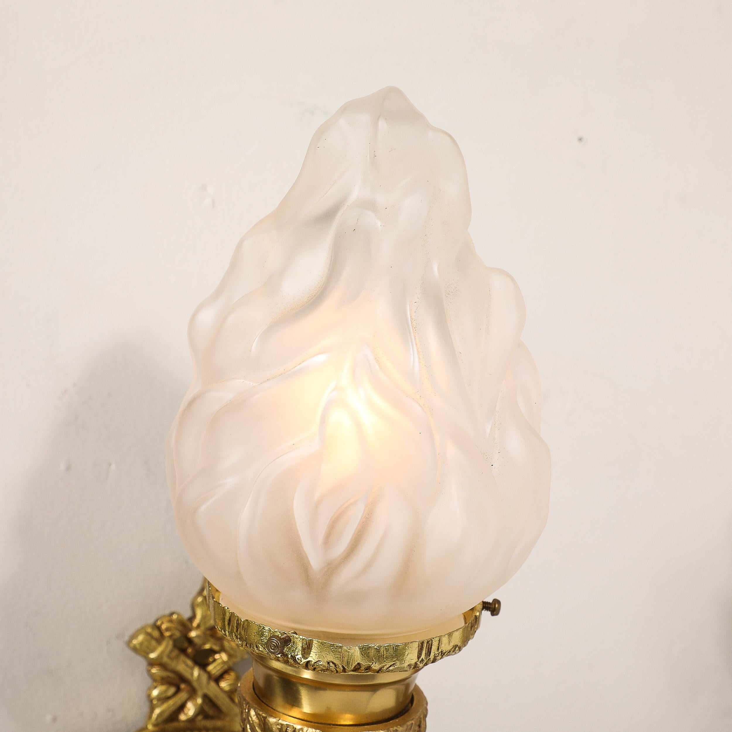 Pair of Neoclassical Torch Sconces in Frosted Glass and Antique  Brass For Sale 2