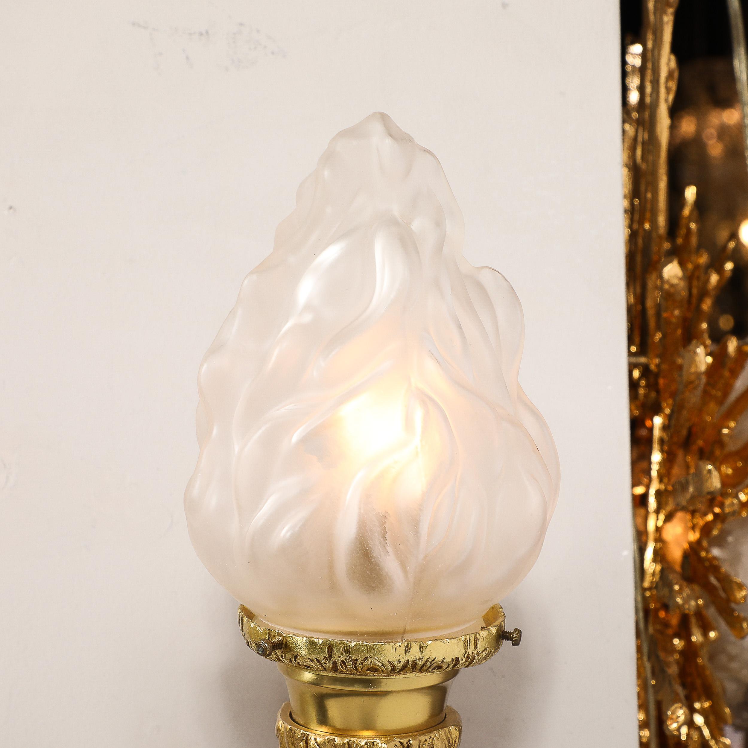 Pair of Neoclassical Torch Sconces in Frosted Glass and Antique  Brass For Sale 3