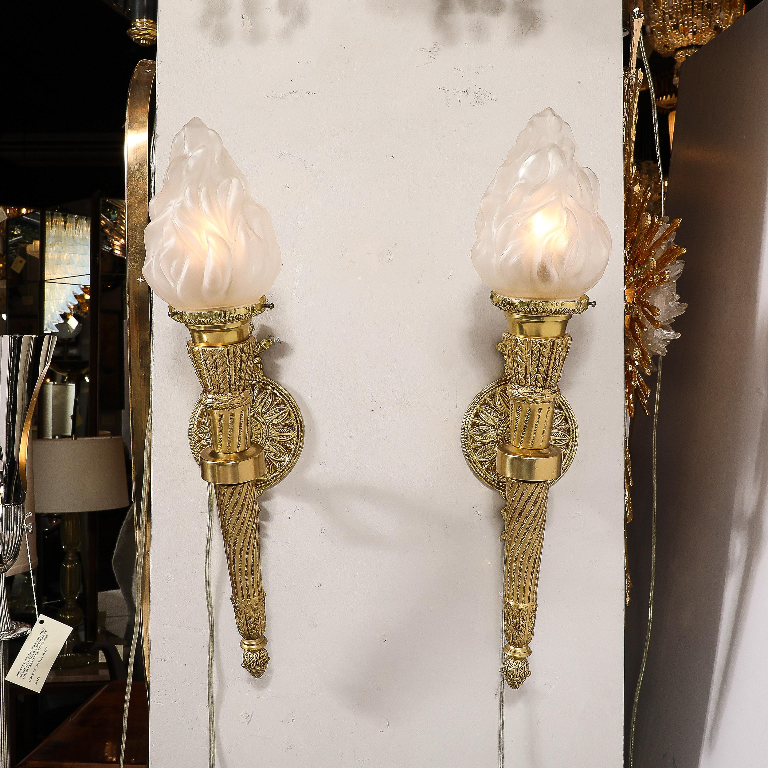 Pair of Neoclassical Torch Sconces in Frosted Glass and Antique  Brass For Sale 4
