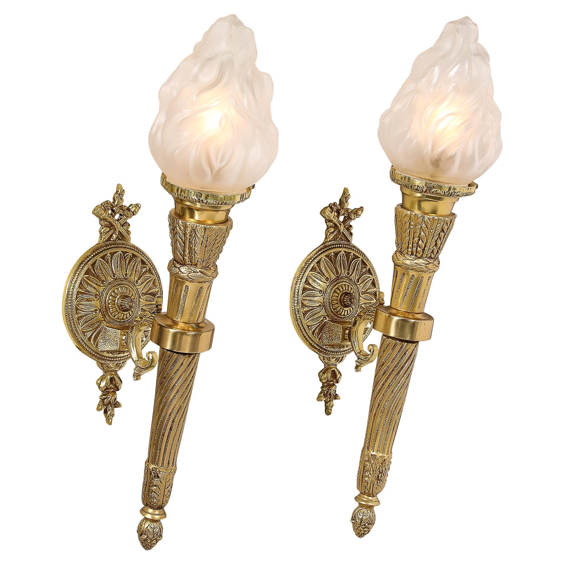 Pair of Neoclassical Torch Sconces in Frosted Glass and Antique  Brass For Sale