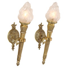 Pair of Neoclassical Torch Sconces in Frosted Glass and Vintage  Brass