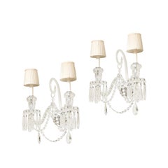 Pair of Neoclassical Two-Arm Crystal Sconces W/ White Shades Manner of Baccarat