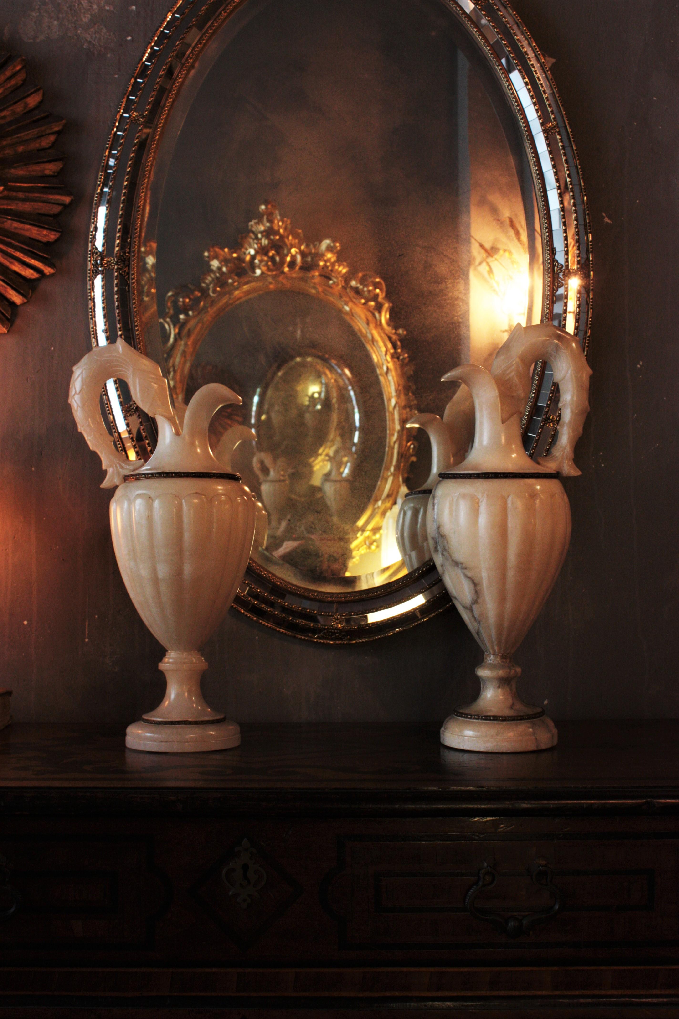 Neoclassical Revival Pair of Albaster Urn Jar Table Lamps, Spain, 1940s For Sale