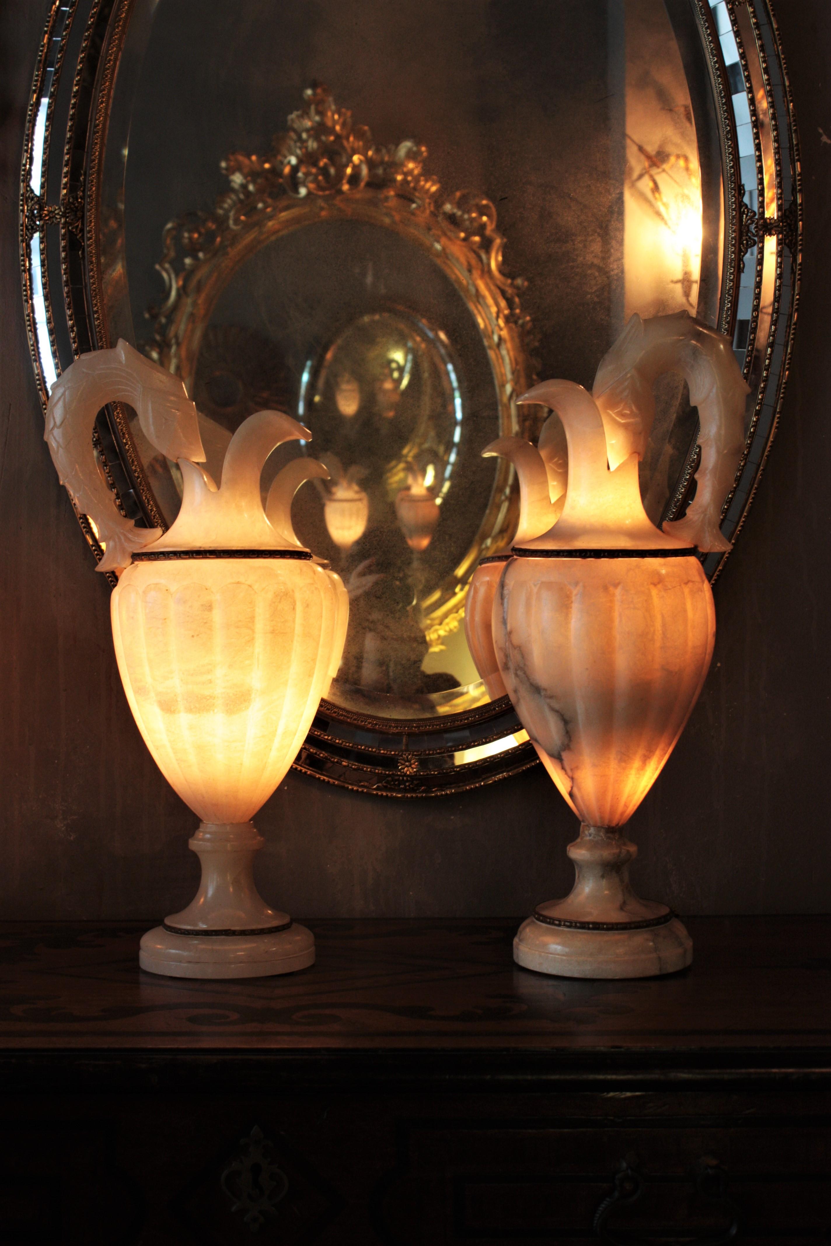 20th Century Pair of Albaster Urn Jar Table Lamps, Spain, 1940s For Sale
