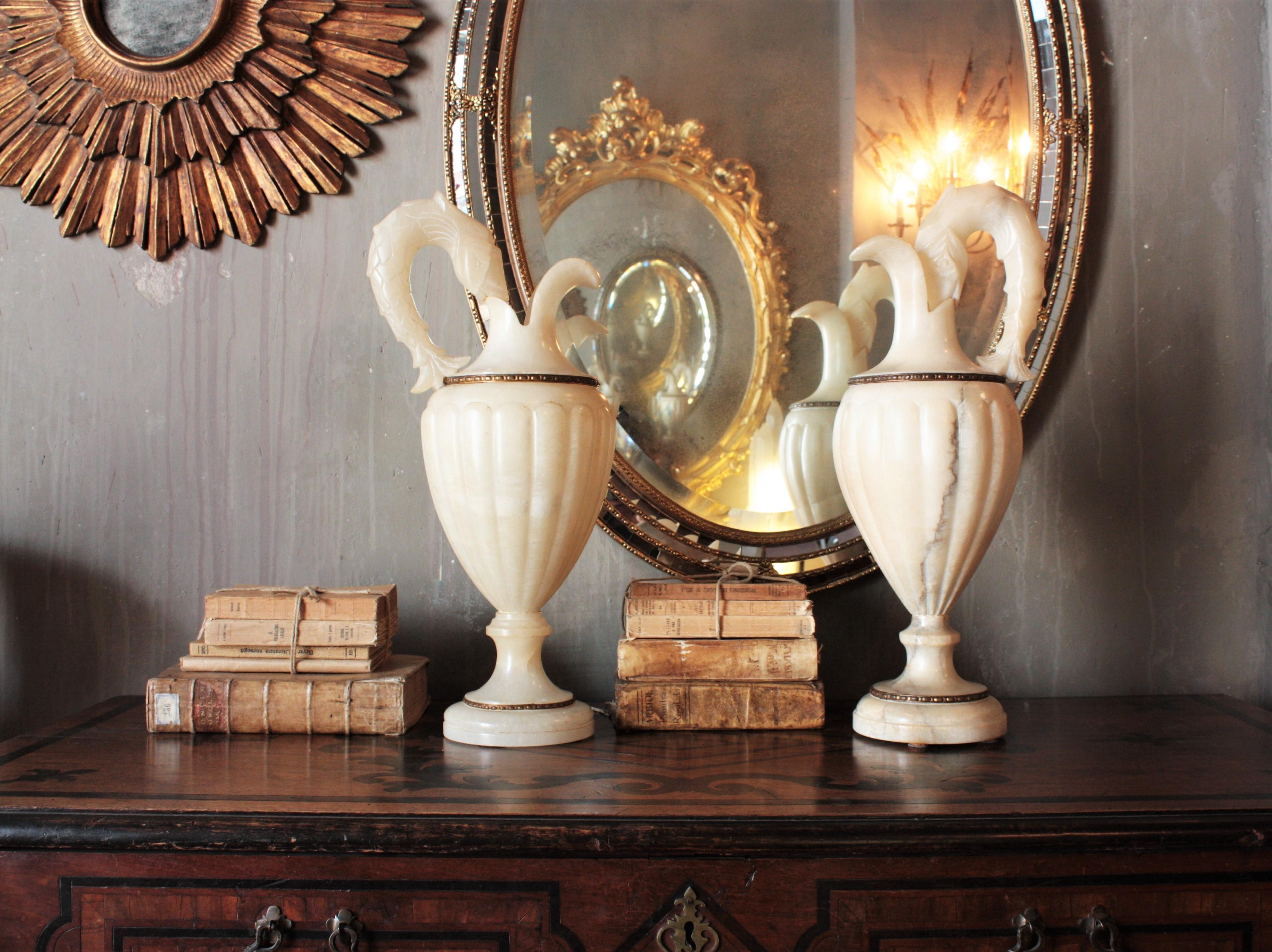 Brass Pair of Albaster Urn Jar Table Lamps, Spain, 1940s For Sale