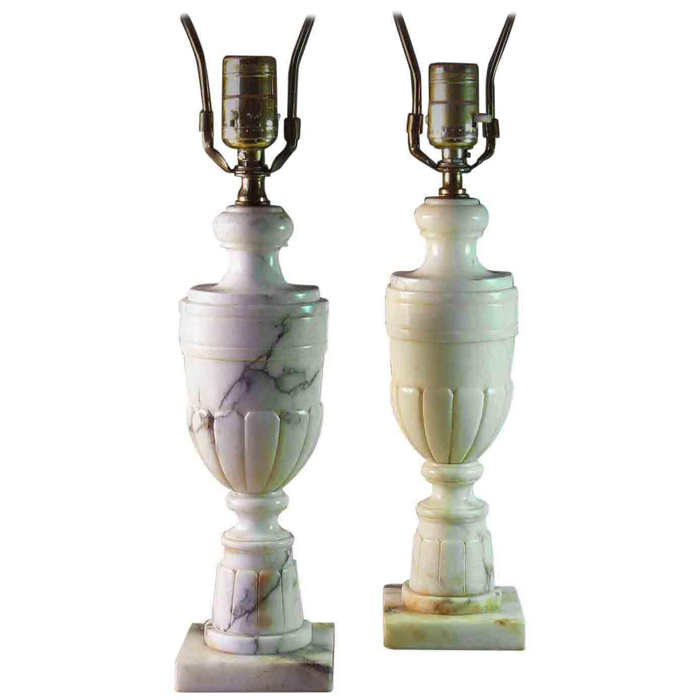 Pair of Neoclassical Veined Alabaster Marble Urn Shaped Table Lamp