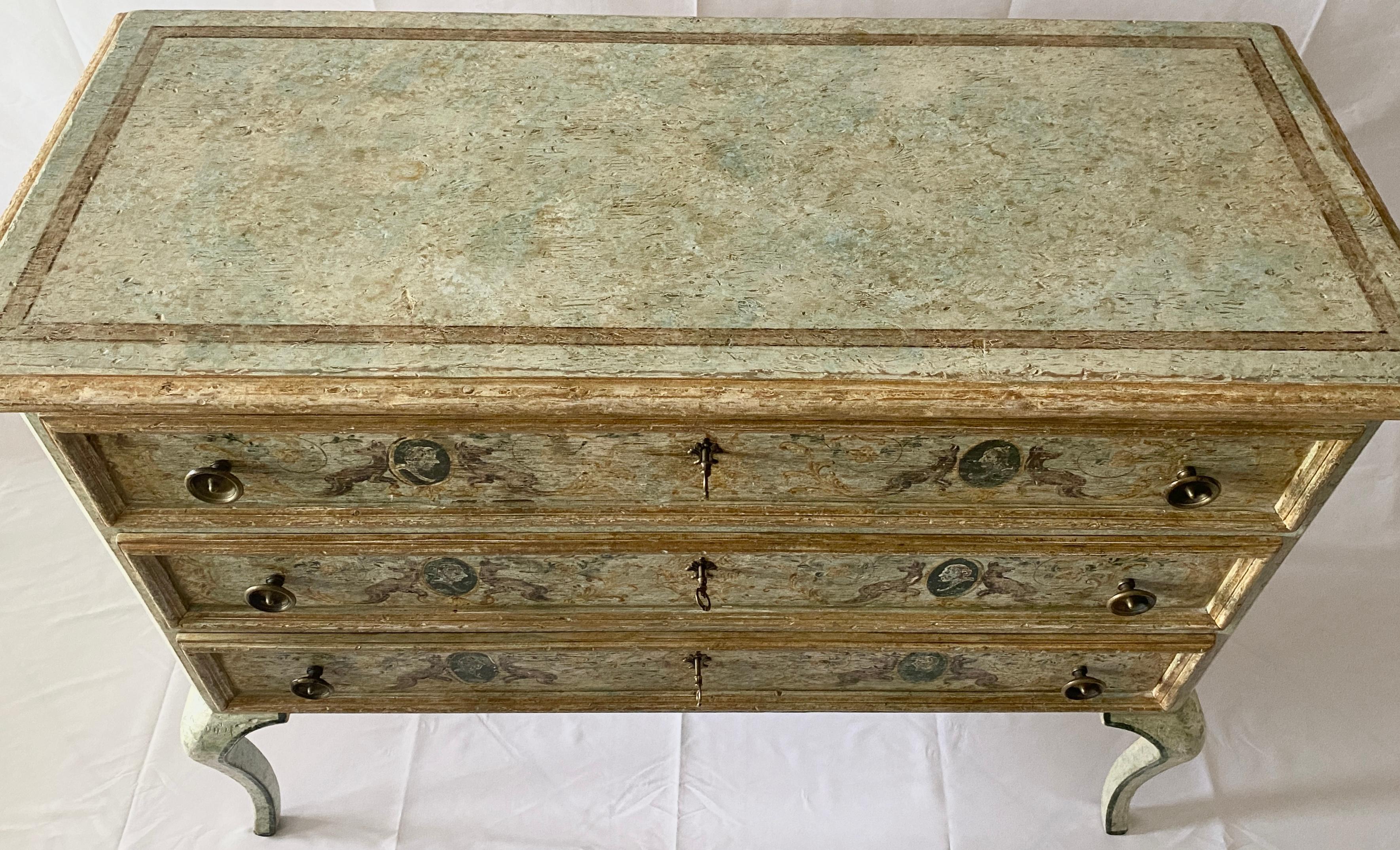 Hand-Crafted Pair Italian Neoclassical Style Commodes Venetian Hand-Painted Chest of Drawers  For Sale