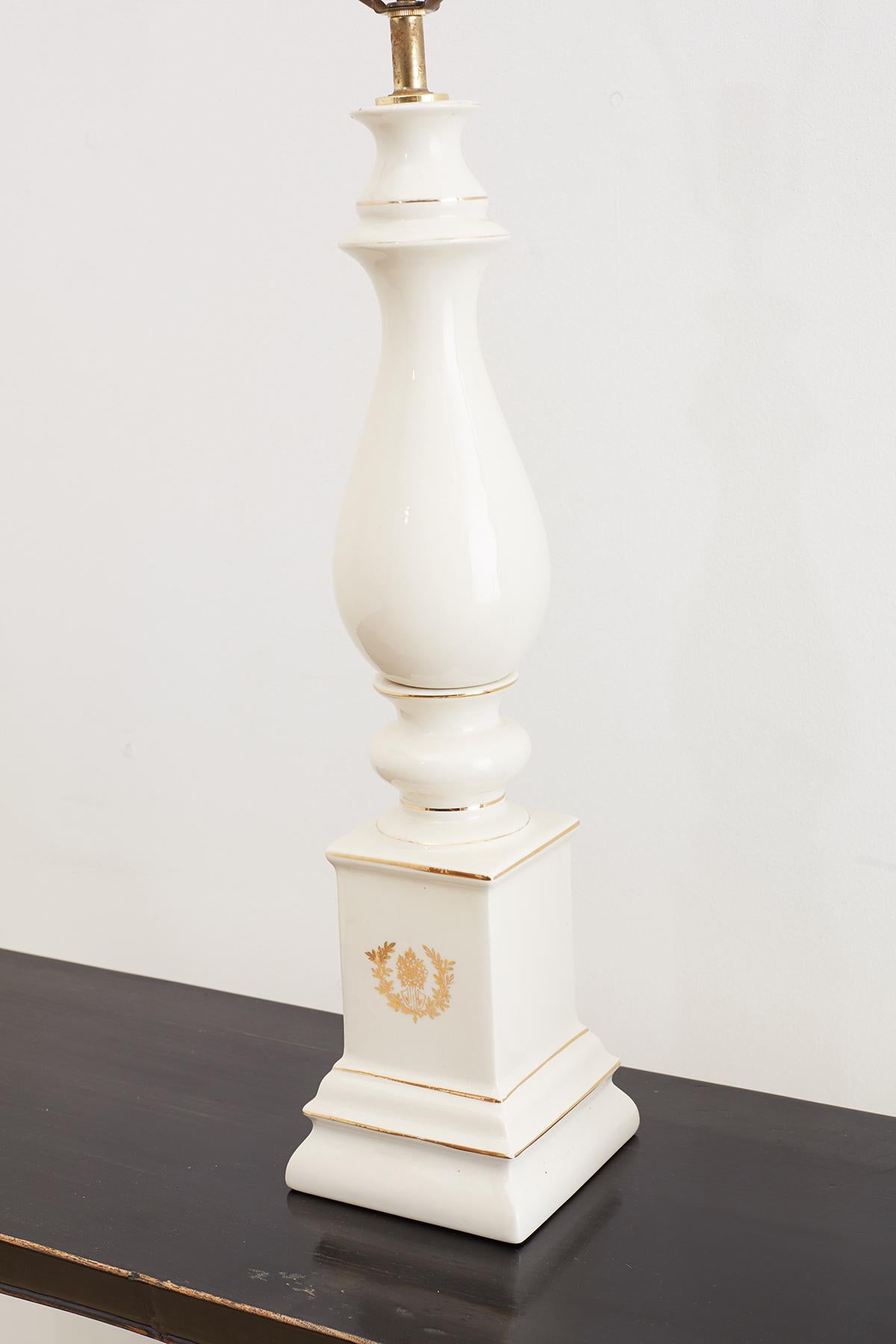 Brass Pair of Neoclassical White Porcelain Baluster Lamps