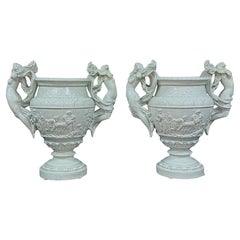 Pair Of Neoclassical White Pottery Urns With Greek Motif